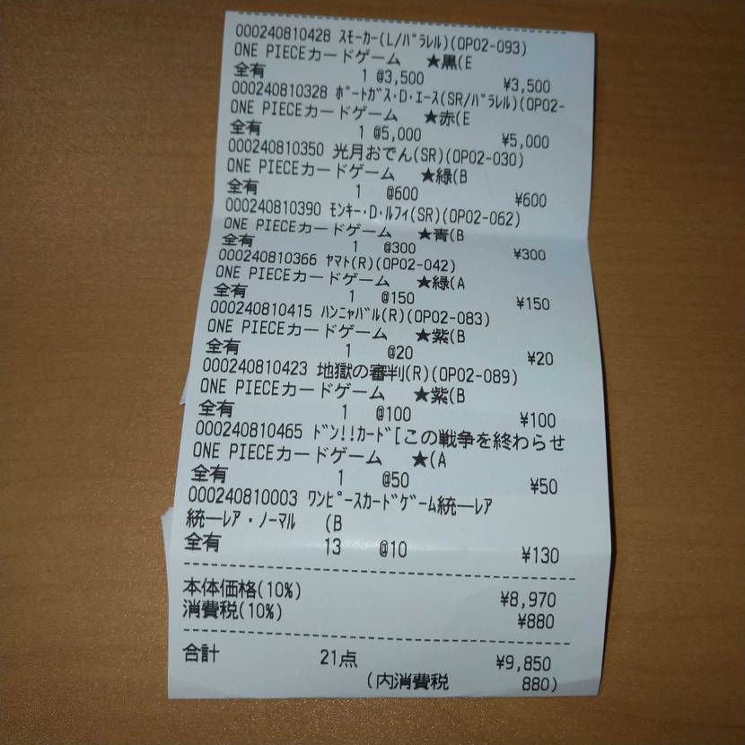 本日買取に出した1ボックスも満たないパック開封で出た不要カードの買取額がこちらで