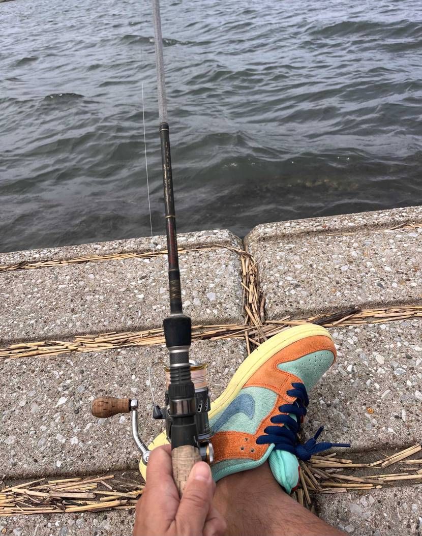 お疲れ様です、お昼です🥹波あれすぎて🤭🛹して、釣りしてます👍