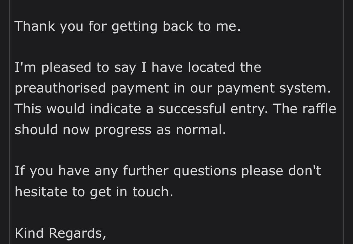 size?に問い合わせて先程何通かやりとりをしてちゃんと抽選に参加されてるとの連