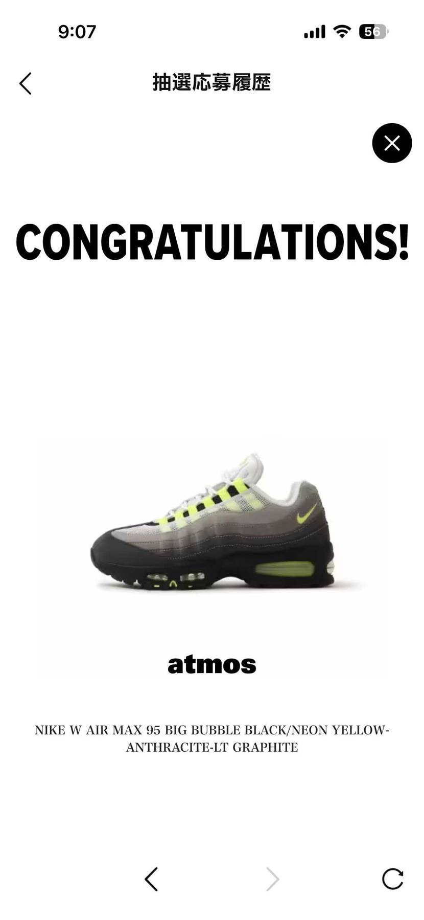 ATOMS一択見事的中しました。発売朝、NIKEオンライン
参戦、決済画面で画