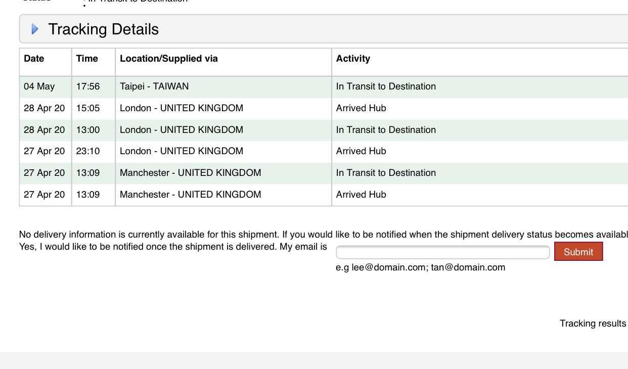 4月25日にフットパトロールでスニーカーを買ったのですがずっとトランジットになっ