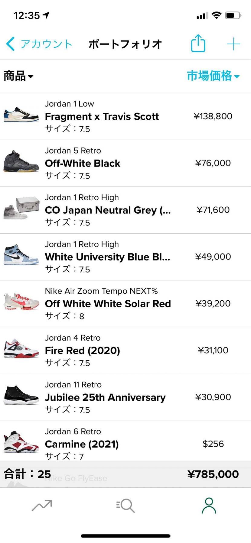 スニダンにはこういう自分の持ってるスニーカーの価値一覧機能が無いからこれは海外の