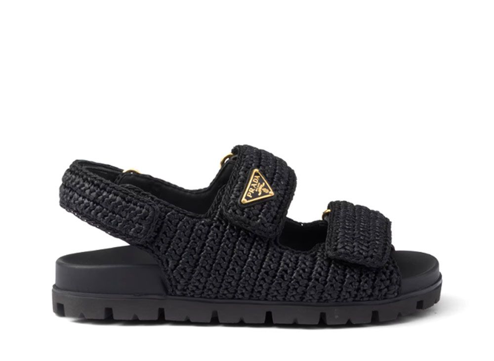 PRADAのフラワービジュー付きエナメルブラックサンダル PRADA(プラダ