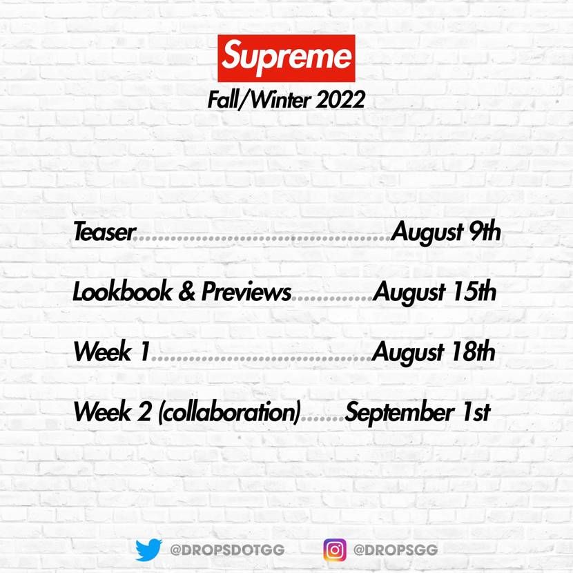 【リーク】Supreme 2022 FW collection Dates 抽選/定価/販売店舗まとめ 3枚目