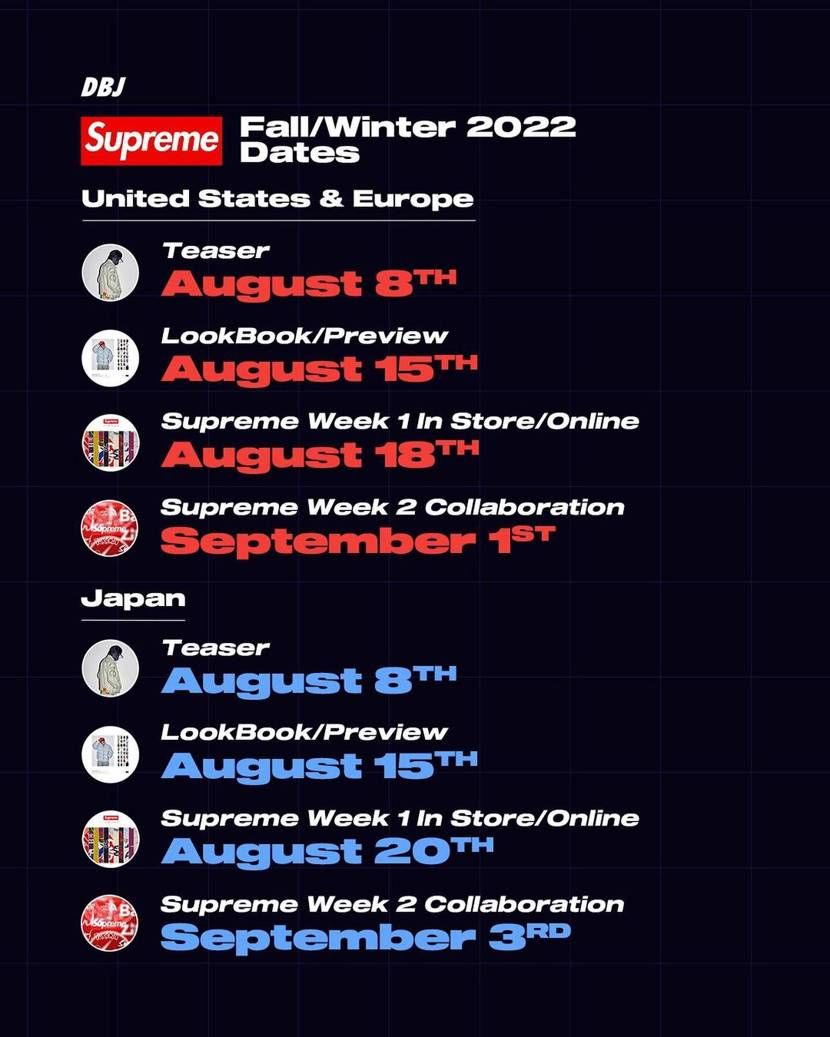 【リーク】Supreme 2022 FW collection Dates 抽選/定価/販売店舗まとめ 5枚目