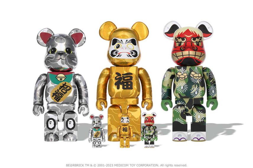 1/1・1/7発売|BAPE®︎ × BE@RBRICK 招き猫 銀メッキ / 達磨 金メッキ / 獅子舞|抽選/販売/定価情報