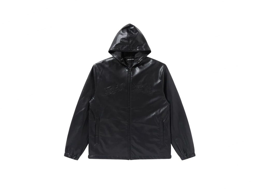 Black Eye Patch HWC B Emblem Hooded Faux Leather Jacket 