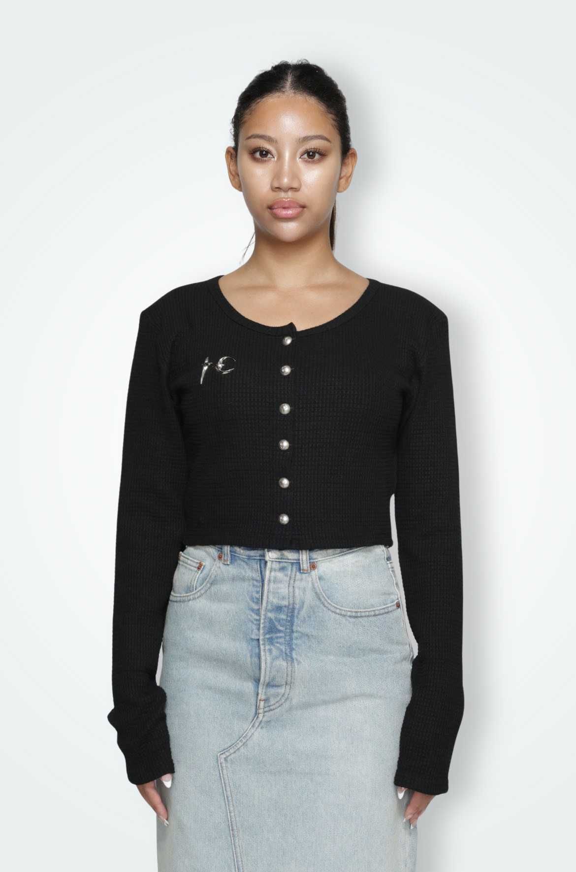 新品タグ付き　ドライタッチミドル丈オープンカーディガン　ブラック AZUL BY MOUSSY | ドライタッチニットVネックカーディガン