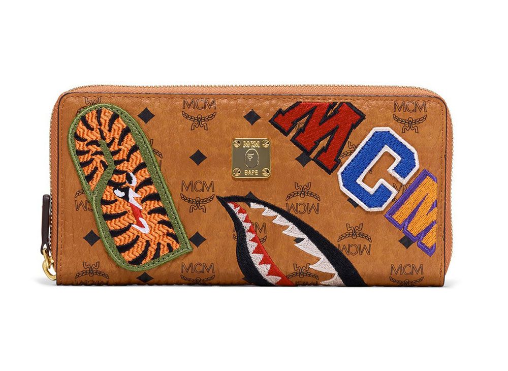 A BATHING APE / MCM Shark Zip Around Wallet Visetos Large Cognac ...