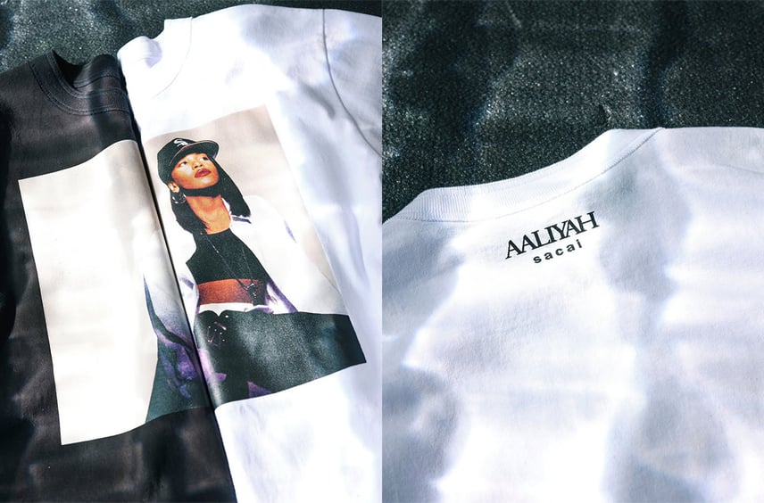 sacai × Aaliyahのコラボアイテムが3/27より発売!名曲のジャケ写を大胆に配したフォトT&フーディが登場