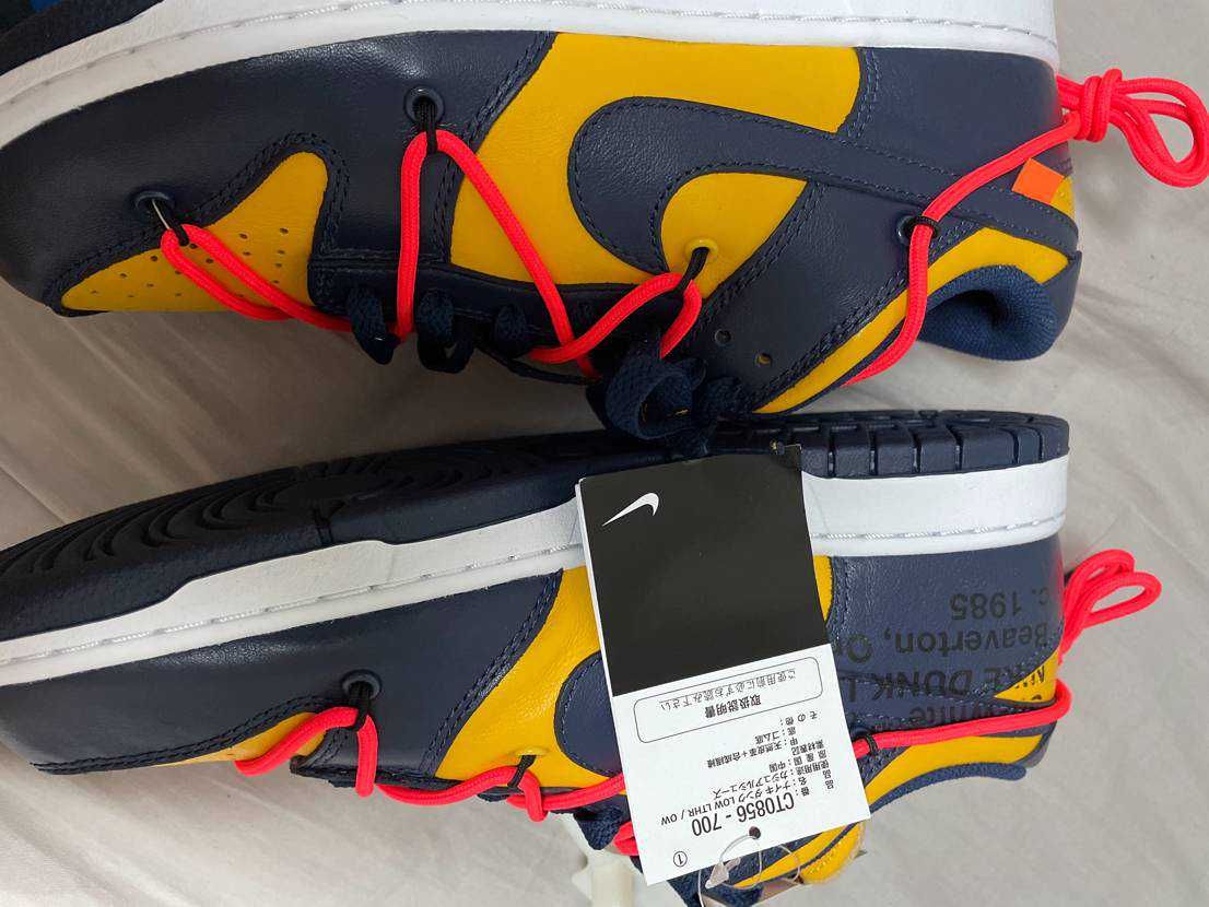Off-White × Nike Dunk Low LTHR "University Gold/Midnight Navy/White"