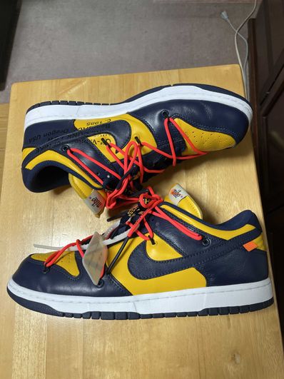 Off-White × Nike Dunk Low LTHR "University Gold/Midnight Navy/White"