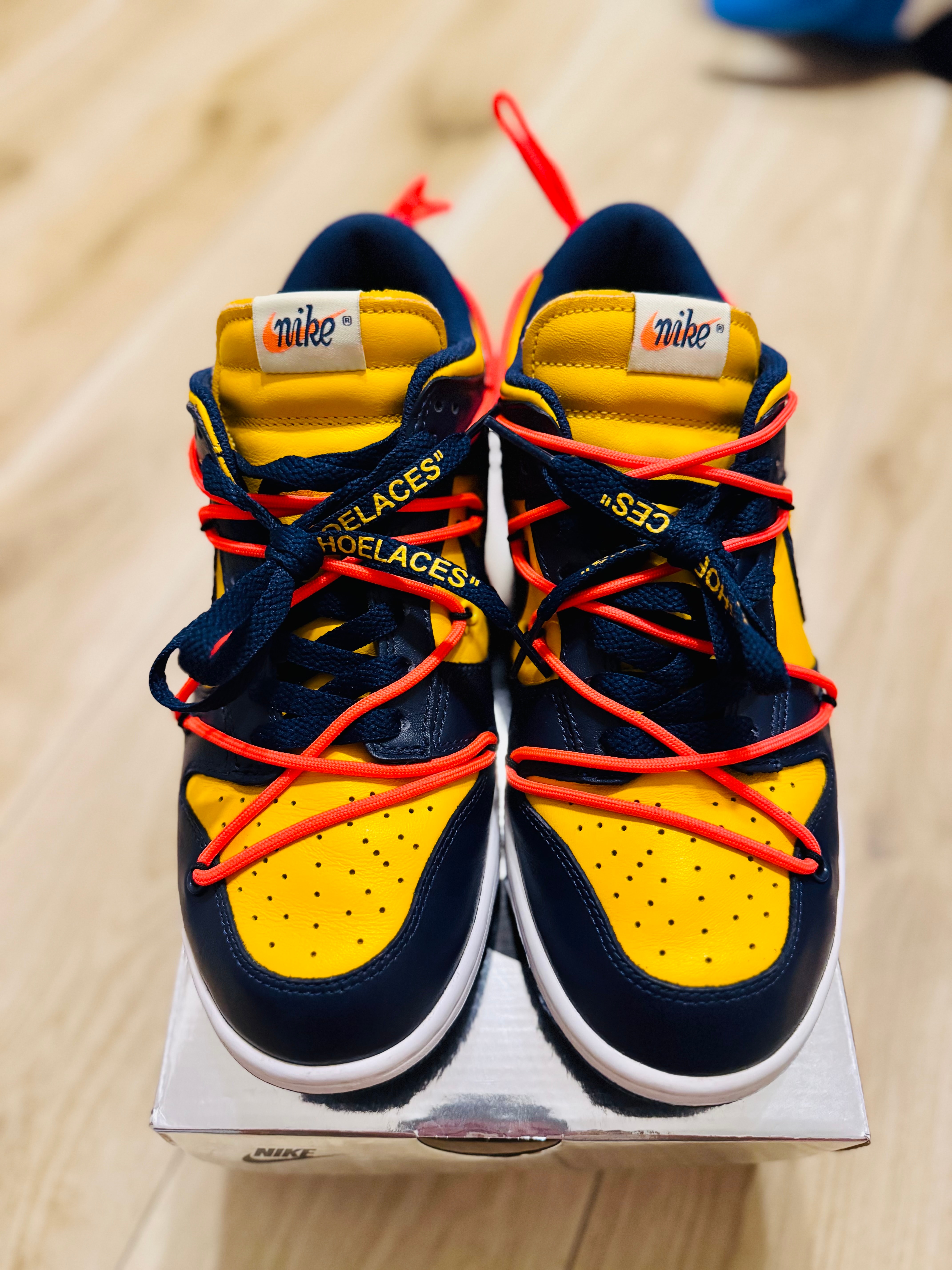 Off-White × Nike Dunk Low LTHR "University Gold/Midnight Navy/White"