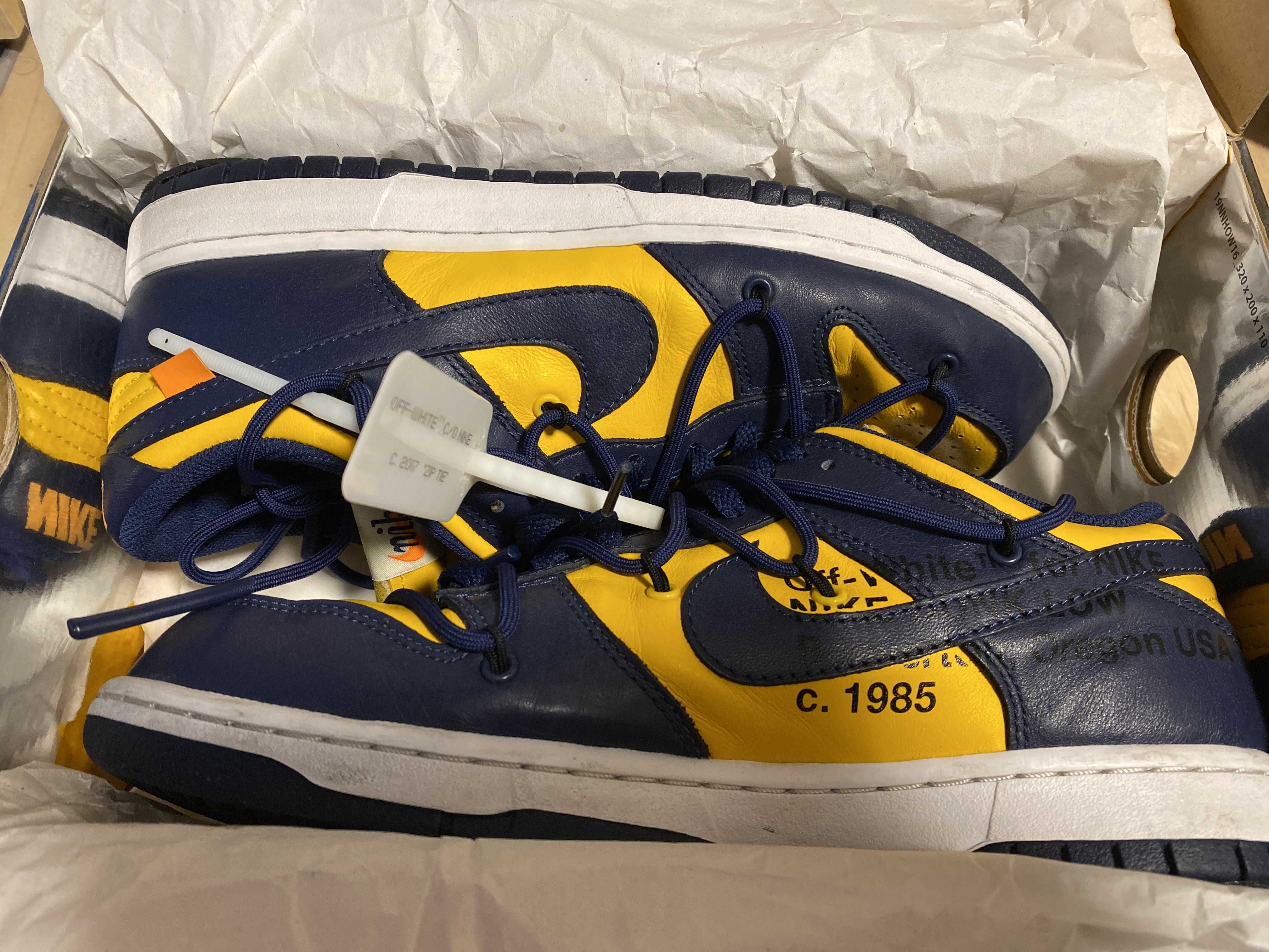 Off-White × Nike Dunk Low  LTHR "University Gold/Midnight Navy/White"