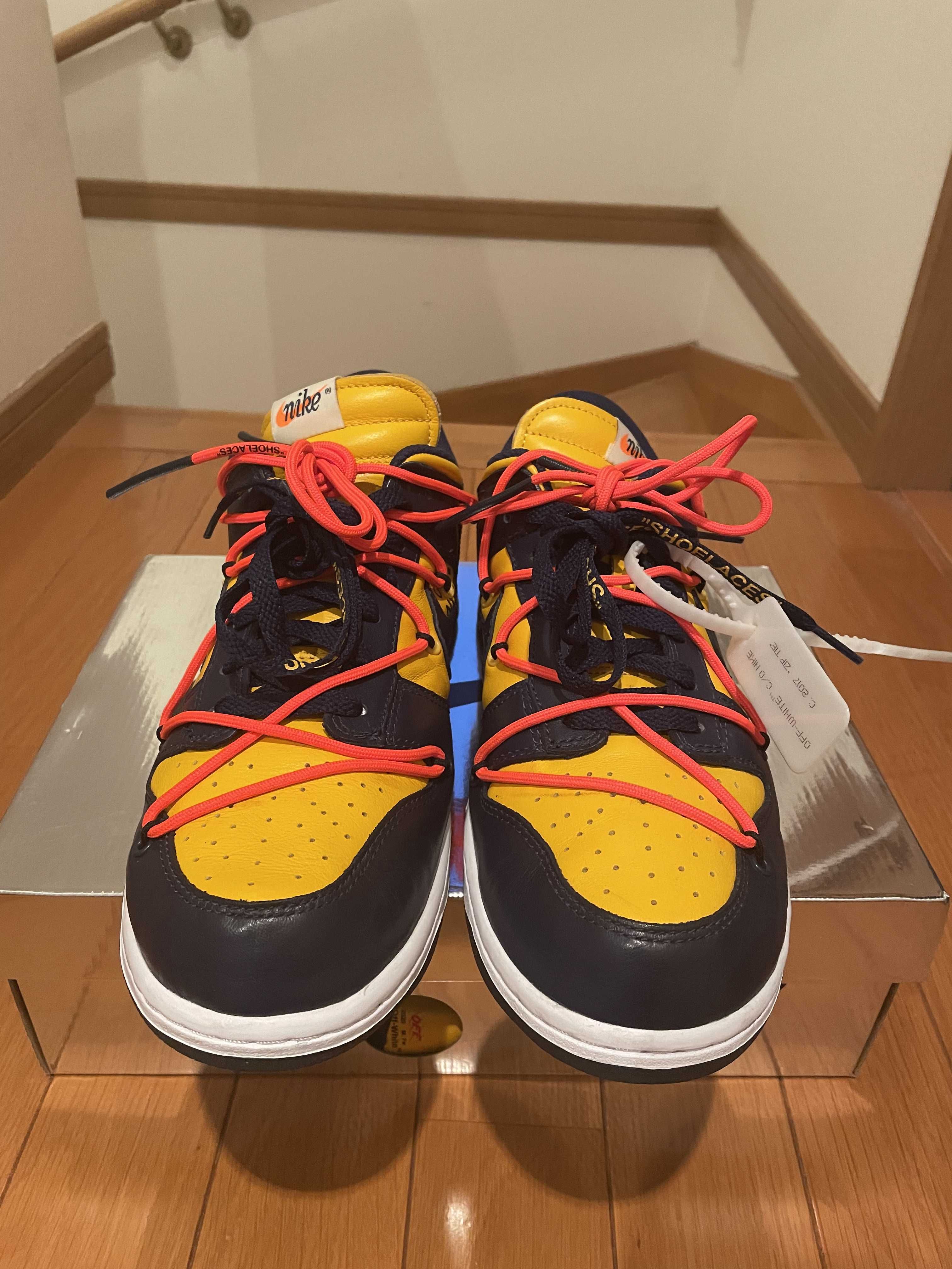 Off-White × Nike Dunk Low  LTHR "University Gold/Midnight Navy/White"