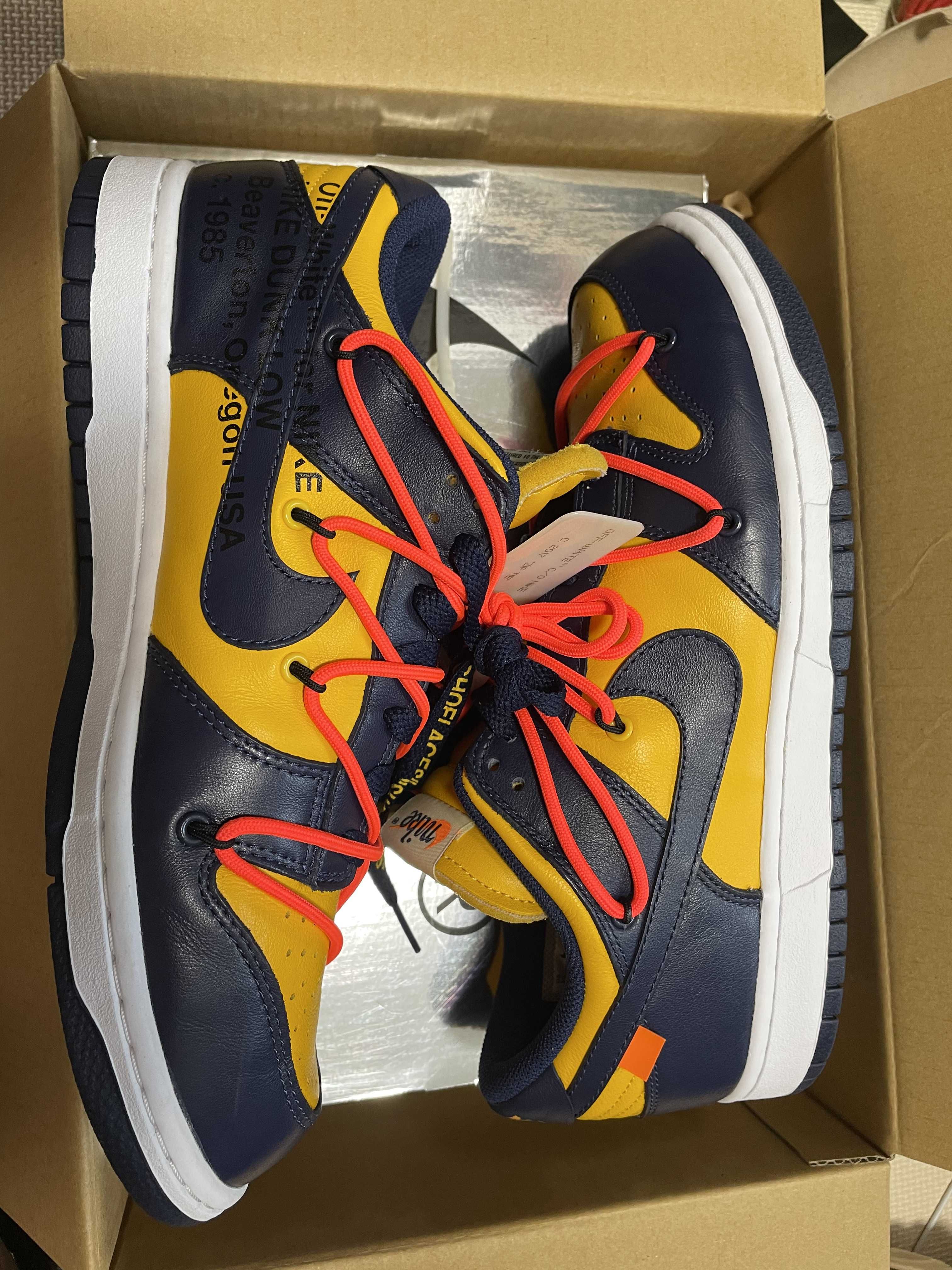 Off-White × Nike Dunk Low  LTHR "University Gold/Midnight Navy/White"