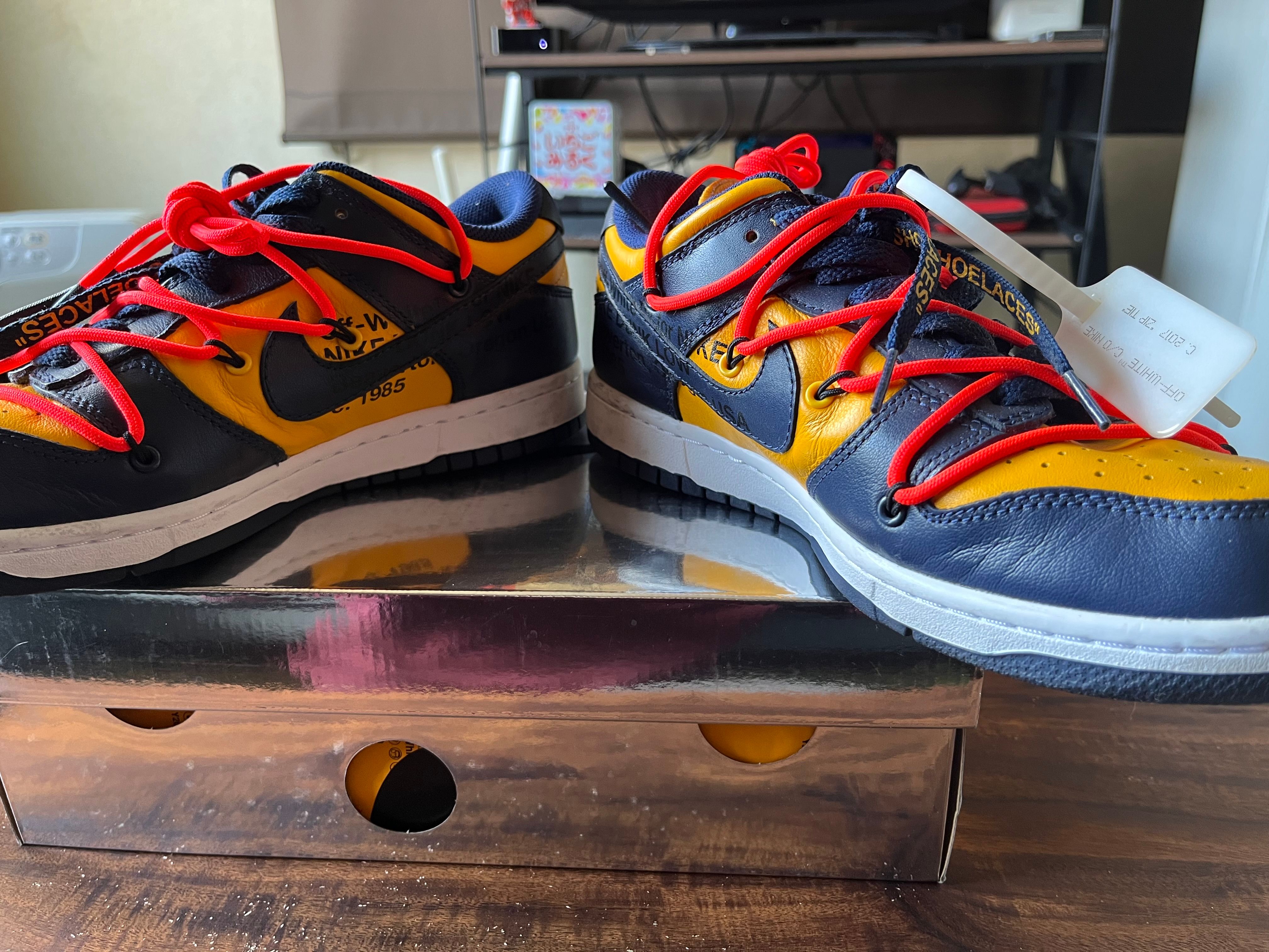 Off-White × Nike Dunk Low LTHR "University Gold/Midnight Navy/White"