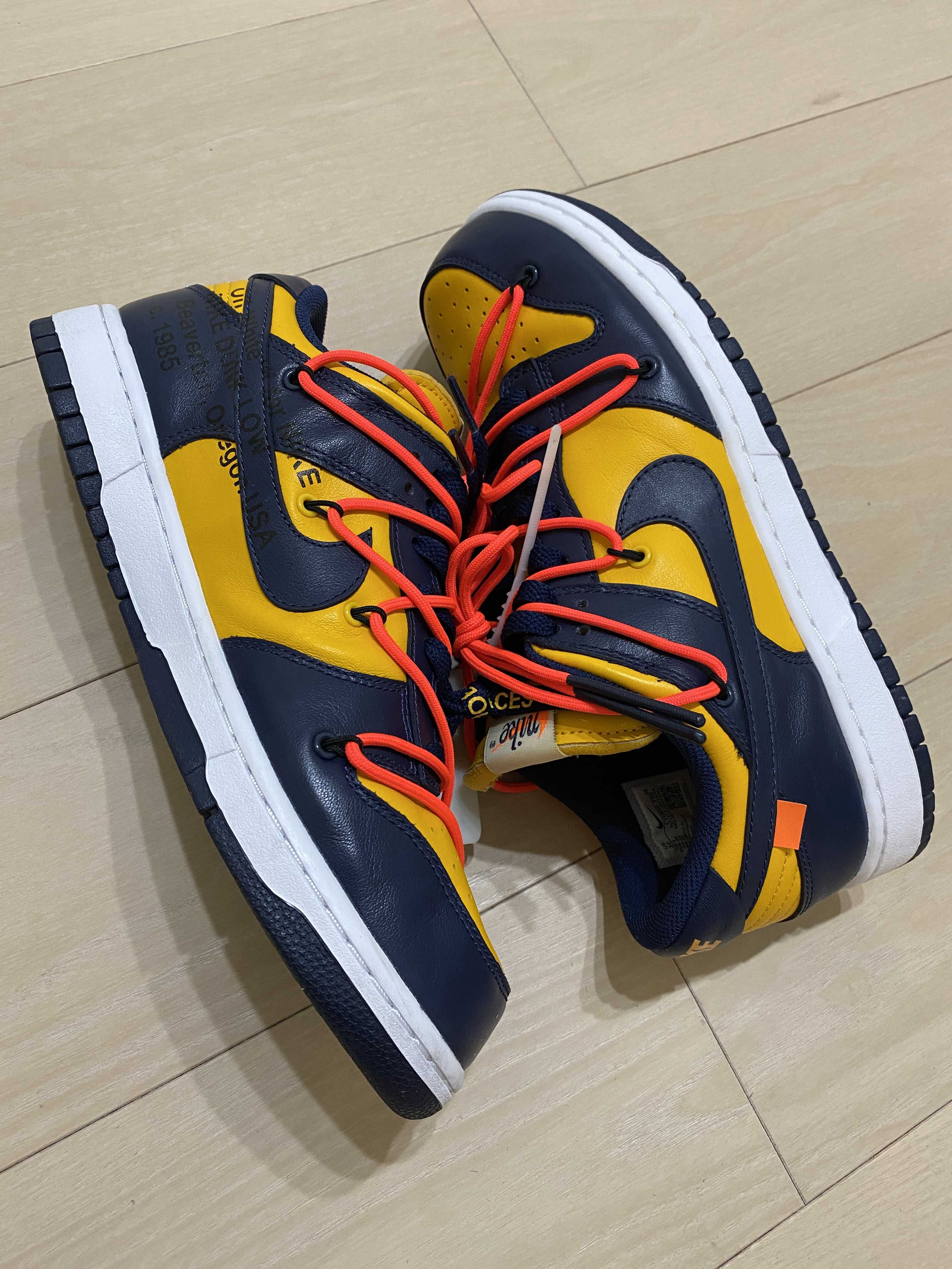 Off-White × Nike Dunk Low LTHR "University Gold/Midnight Navy/White"