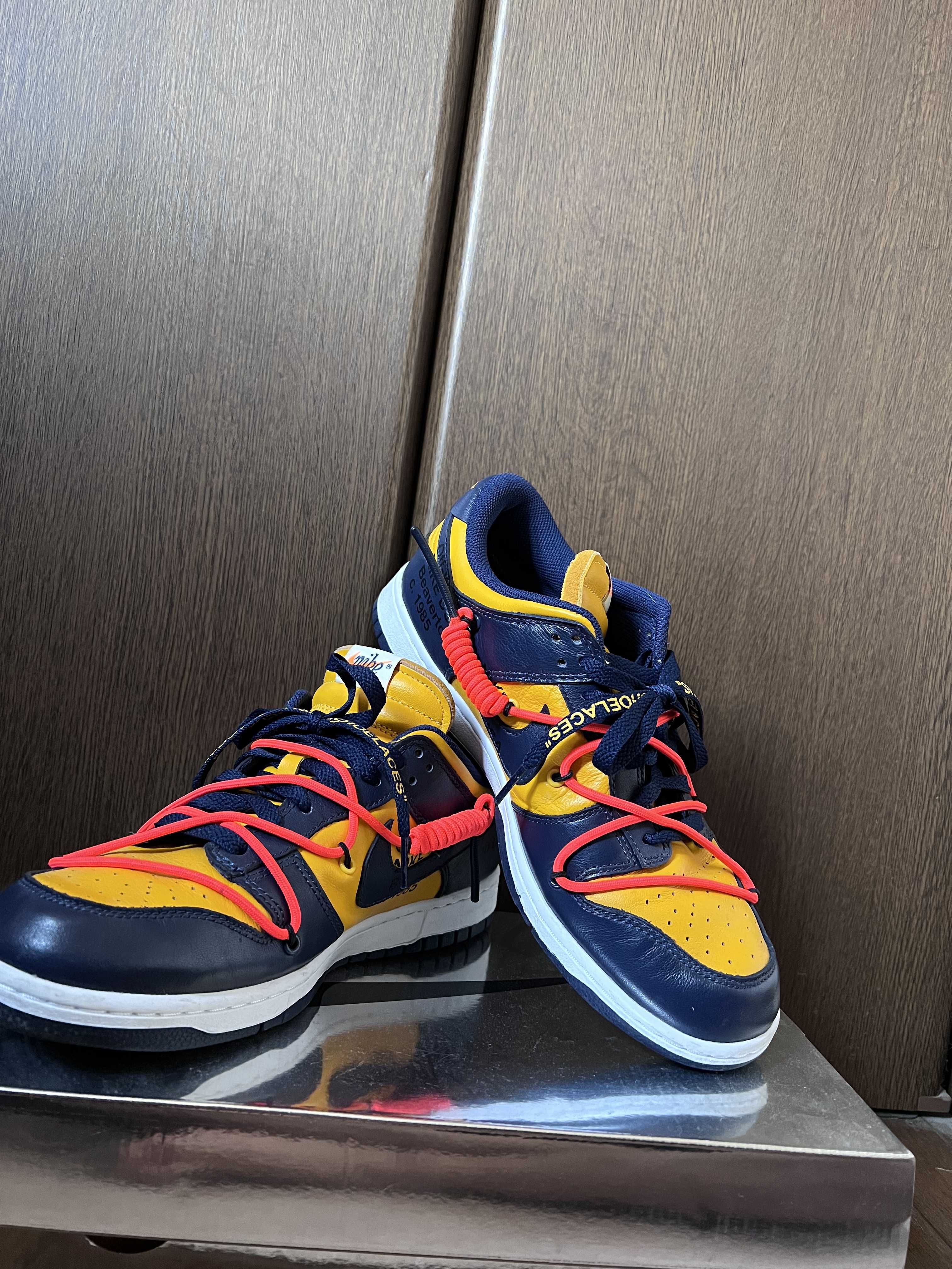 Off-White × Nike Dunk Low LTHR "University Gold/Midnight Navy/White"