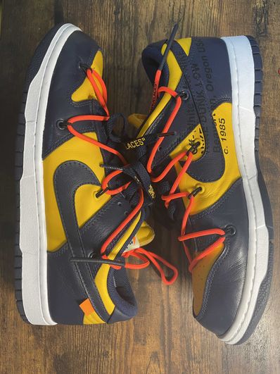 Off-White × Nike Dunk Low LTHR "University Gold/Midnight Navy/White"