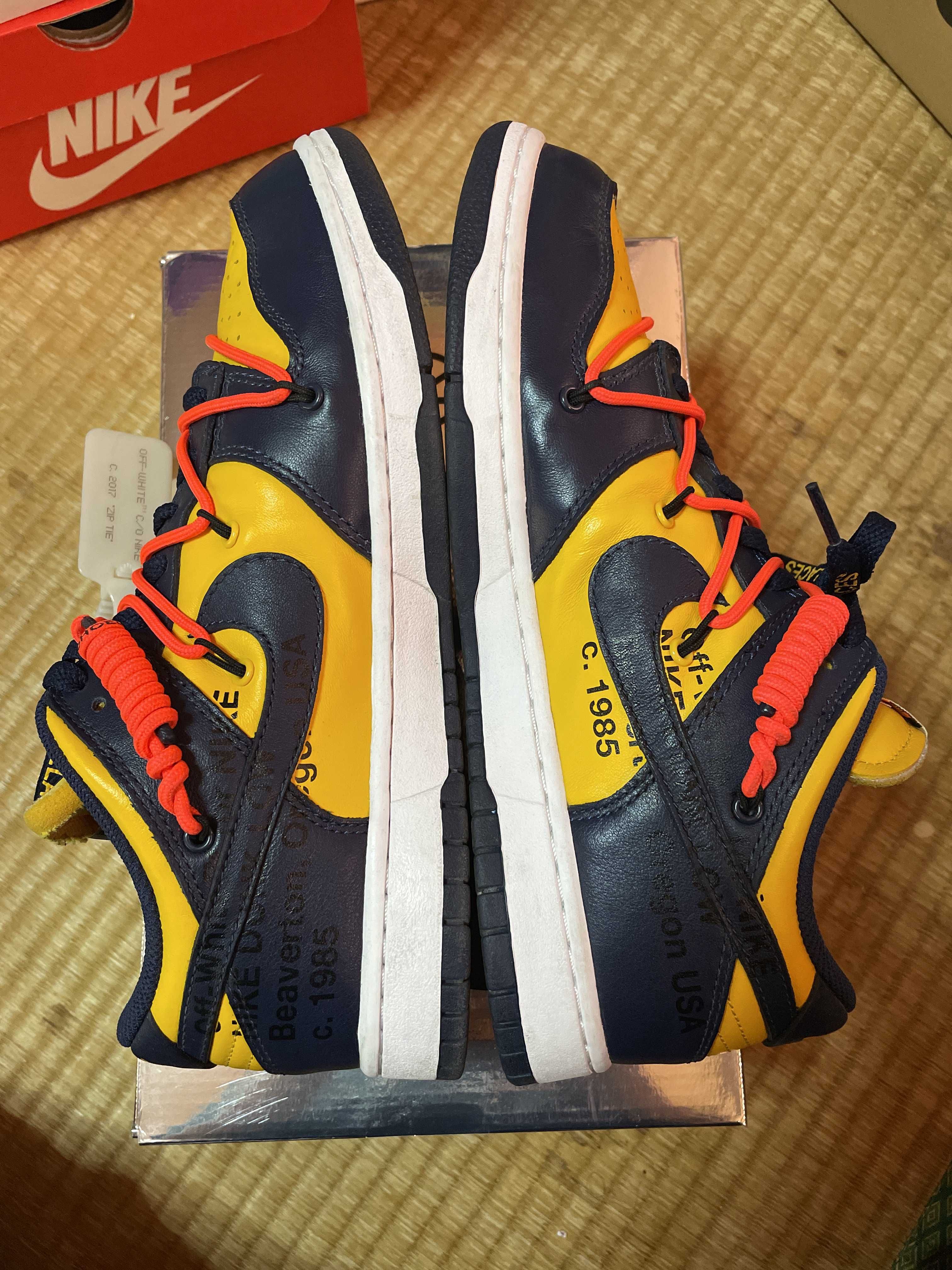 Off-White × Nike Dunk Low  LTHR "University Gold/Midnight Navy/White"