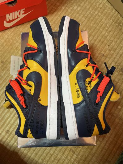 Off-White × Nike Dunk Low LTHR "University Gold/Midnight Navy/White"