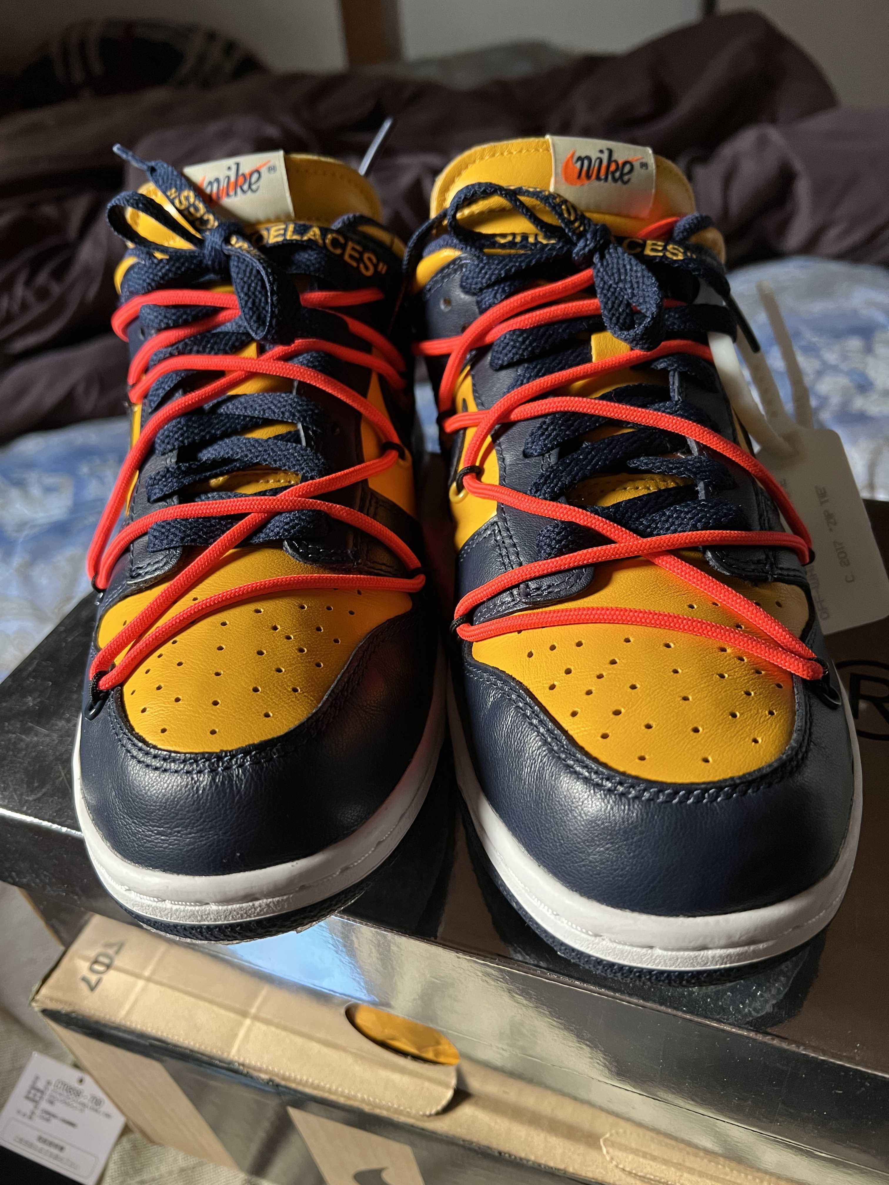 Off-White × Nike Dunk Low LTHR "University Gold/Midnight Navy/White"