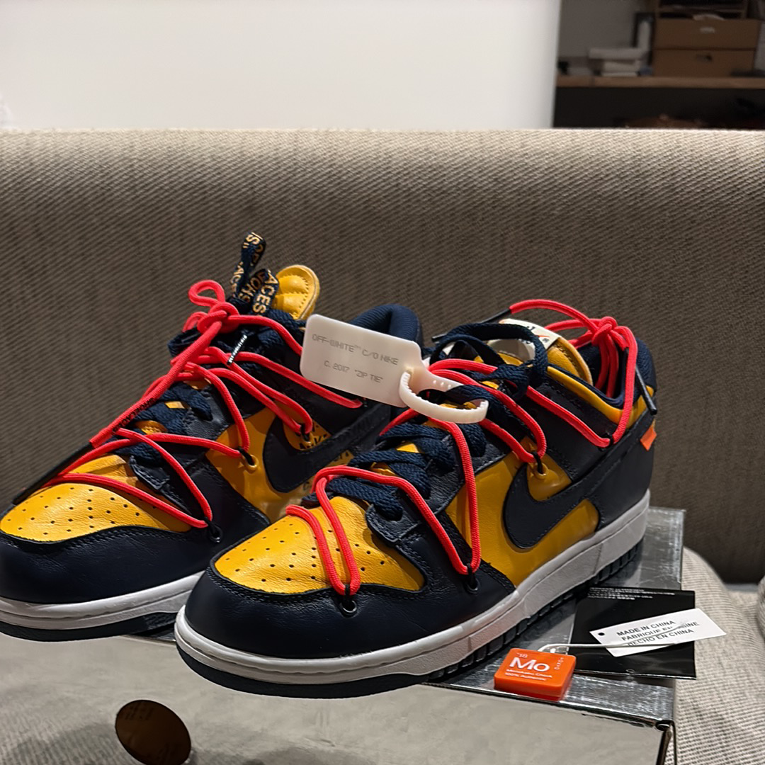 Off-White × Nike Dunk Low  LTHR "University Gold/Midnight Navy/White"