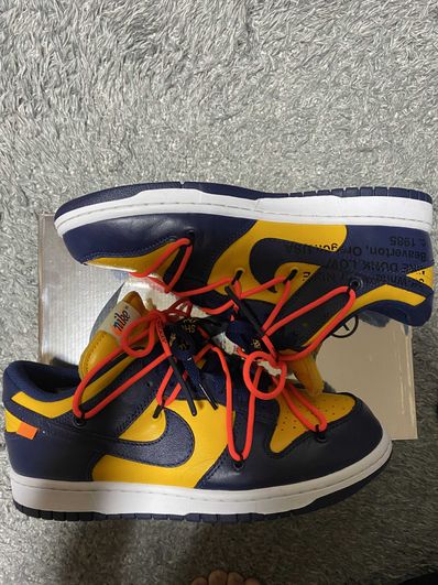 Off-White × Nike Dunk Low LTHR "University Gold/Midnight Navy/White"