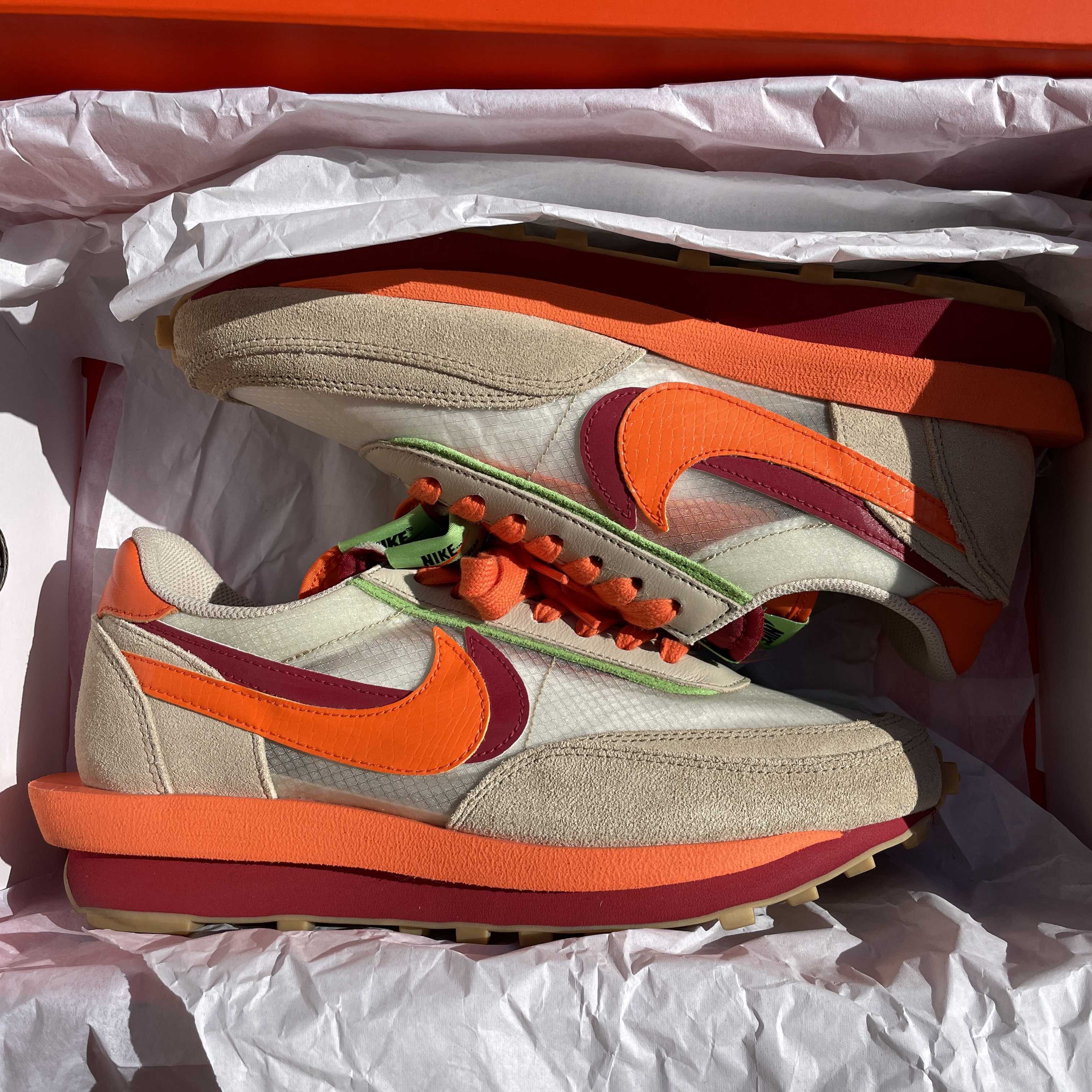 CLOT × Sacai × Nike LD Waffle "Orange Blaze"