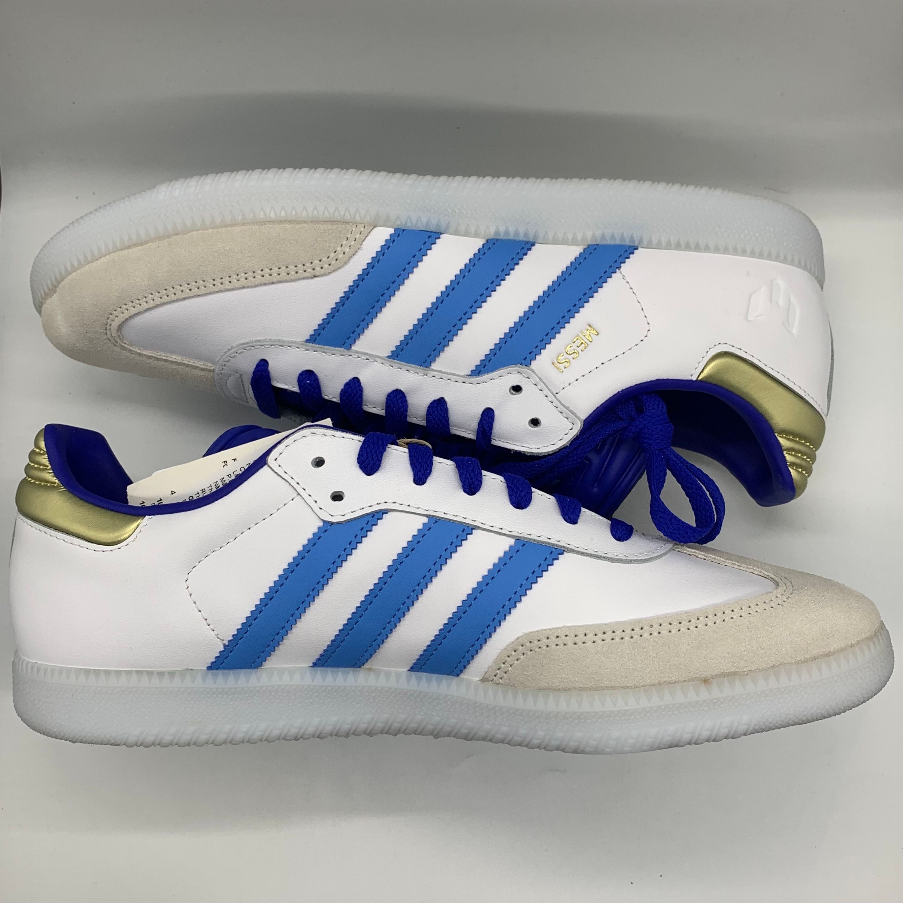 Lionel Messi × adidas Samba "Footwear White/Blue/Metallic Gold"