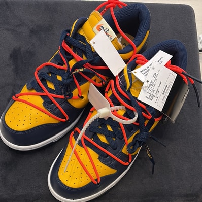 Off-White × Nike Dunk Low LTHR "University Gold/Midnight Navy/White"