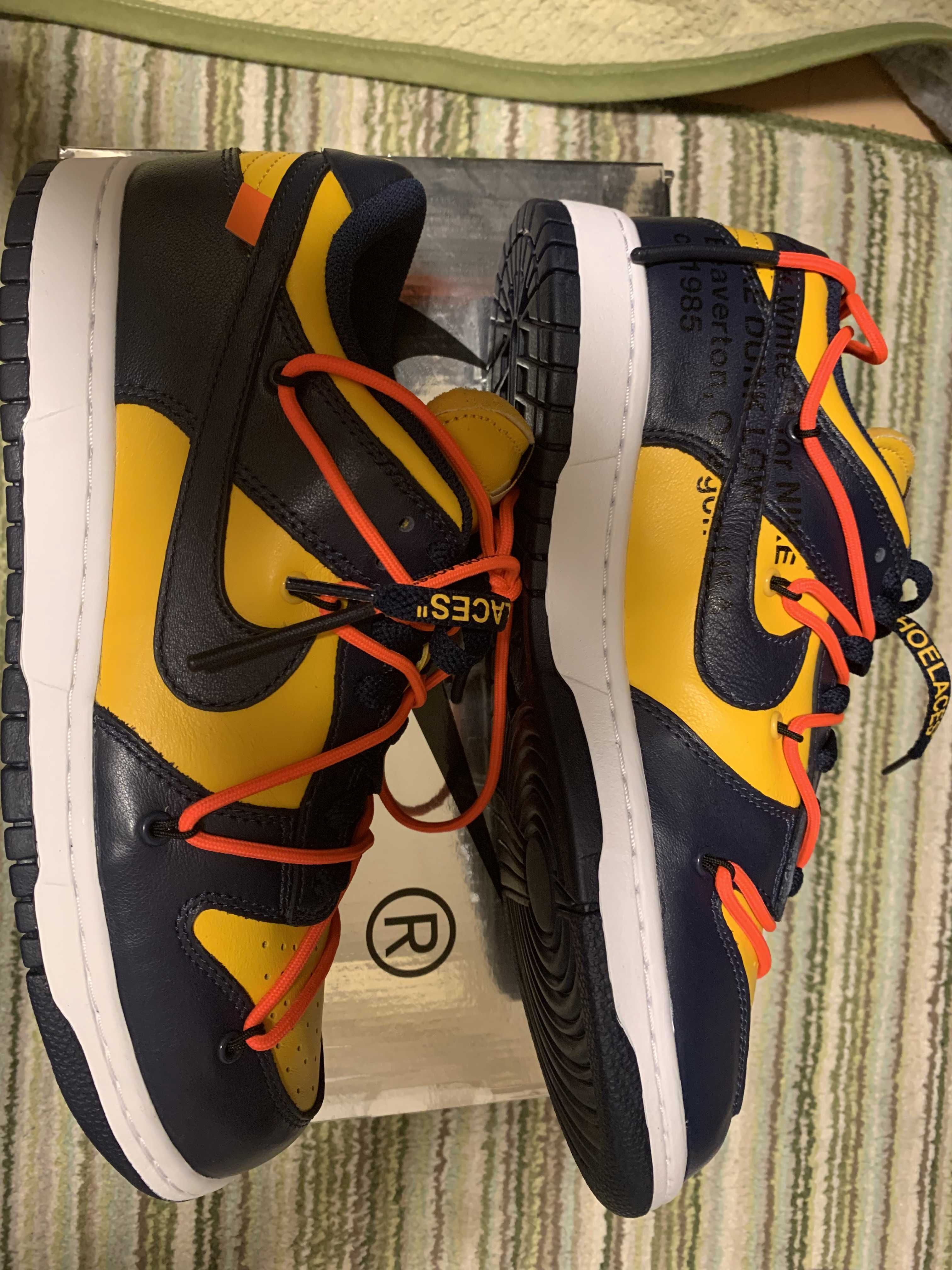 Off-White × Nike Dunk Low LTHR "University Gold/Midnight Navy/White"