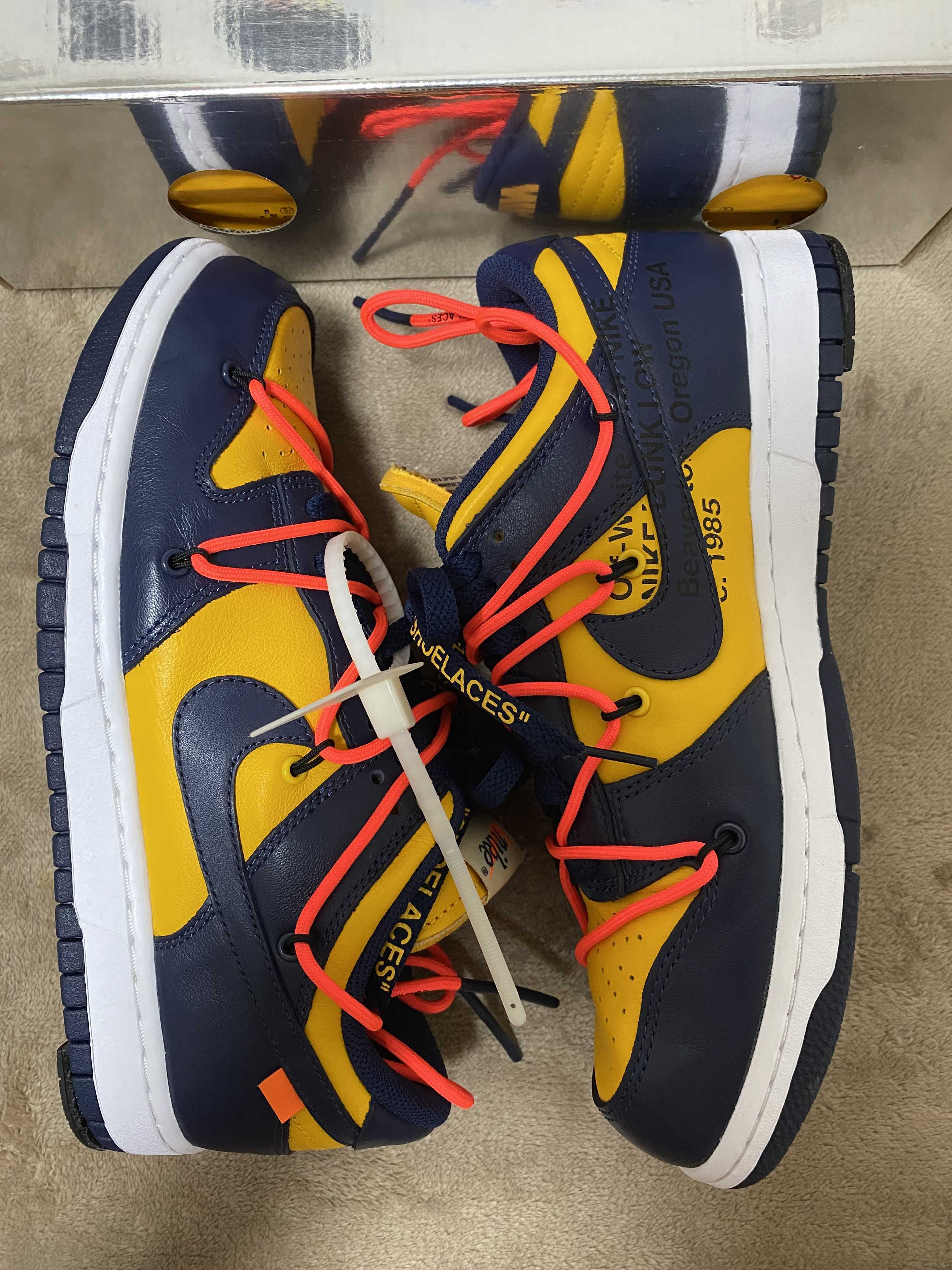 Off-White × Nike Dunk Low LTHR "University Gold/Midnight Navy/White"