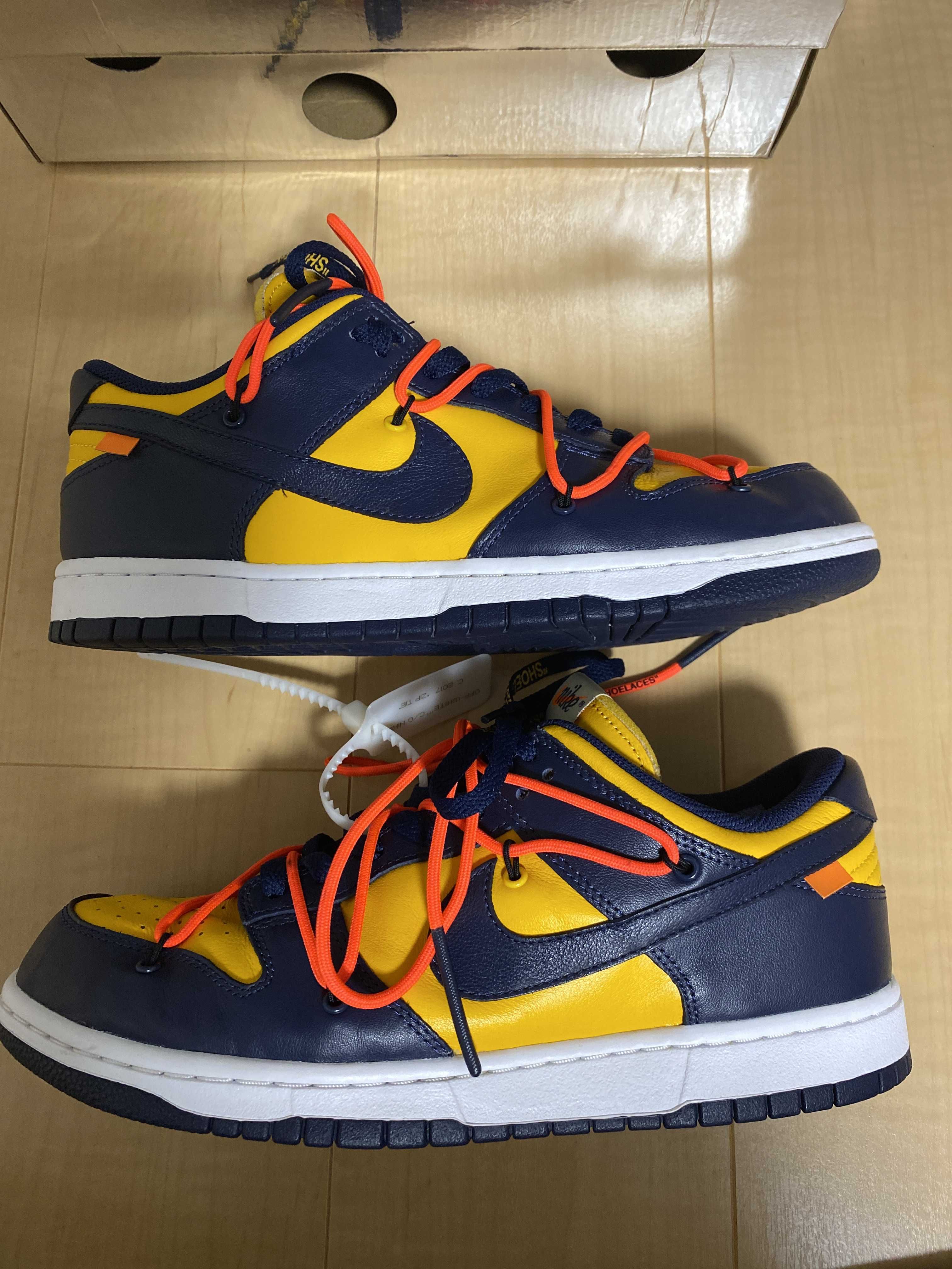 Off-White × Nike Dunk Low LTHR "University Gold/Midnight Navy/White"