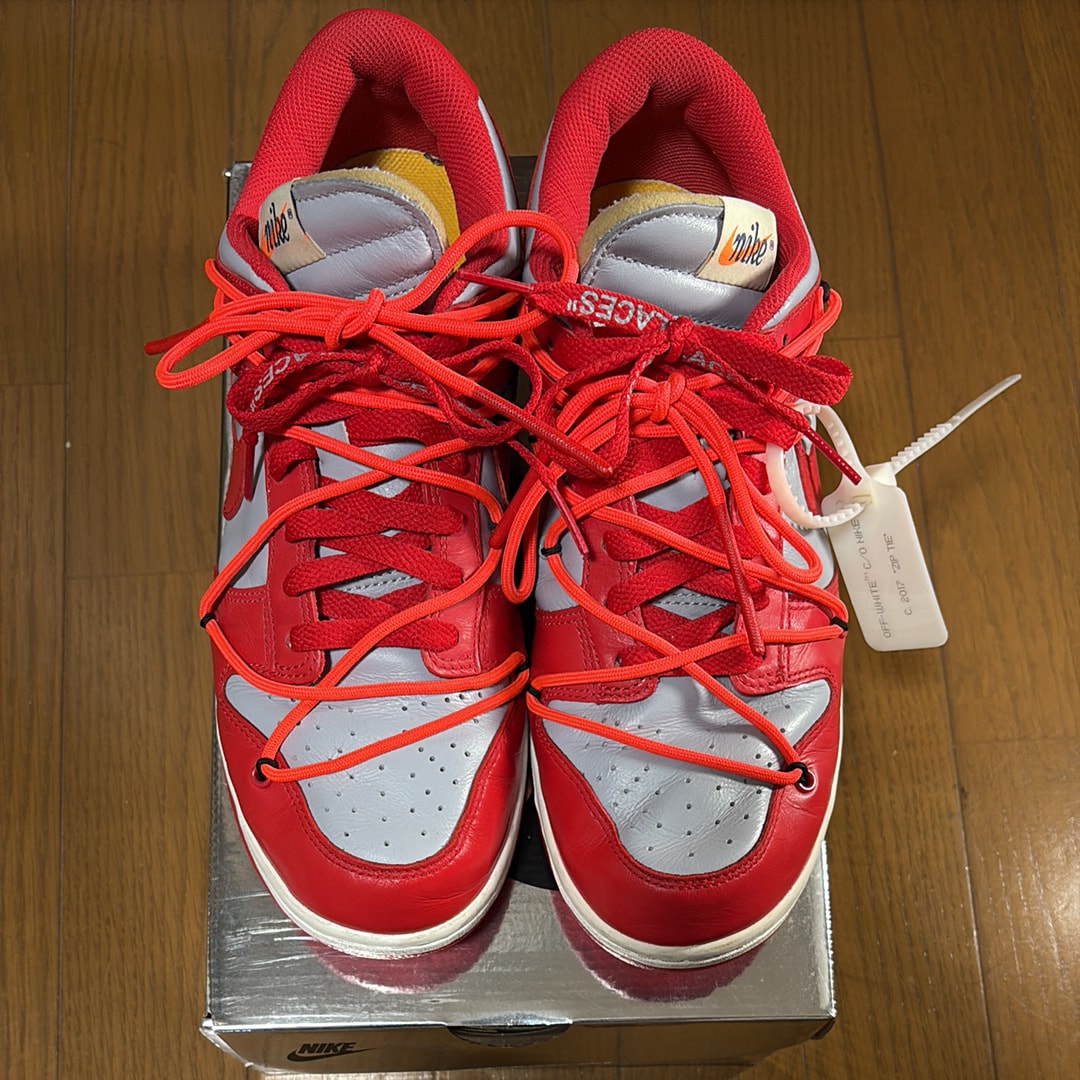 オフホワイト×ナイキ ダンク ロウ ユニバーシティレッドウルフグレー