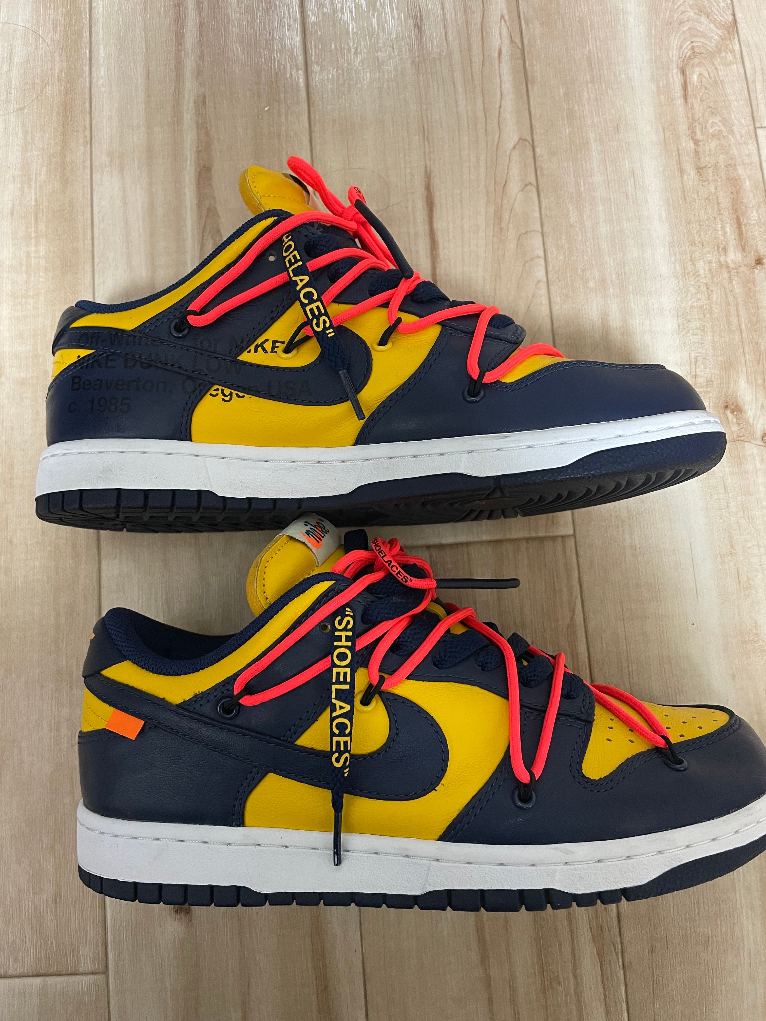 Off-White × Nike Dunk Low LTHR "University Gold/Midnight Navy/White"