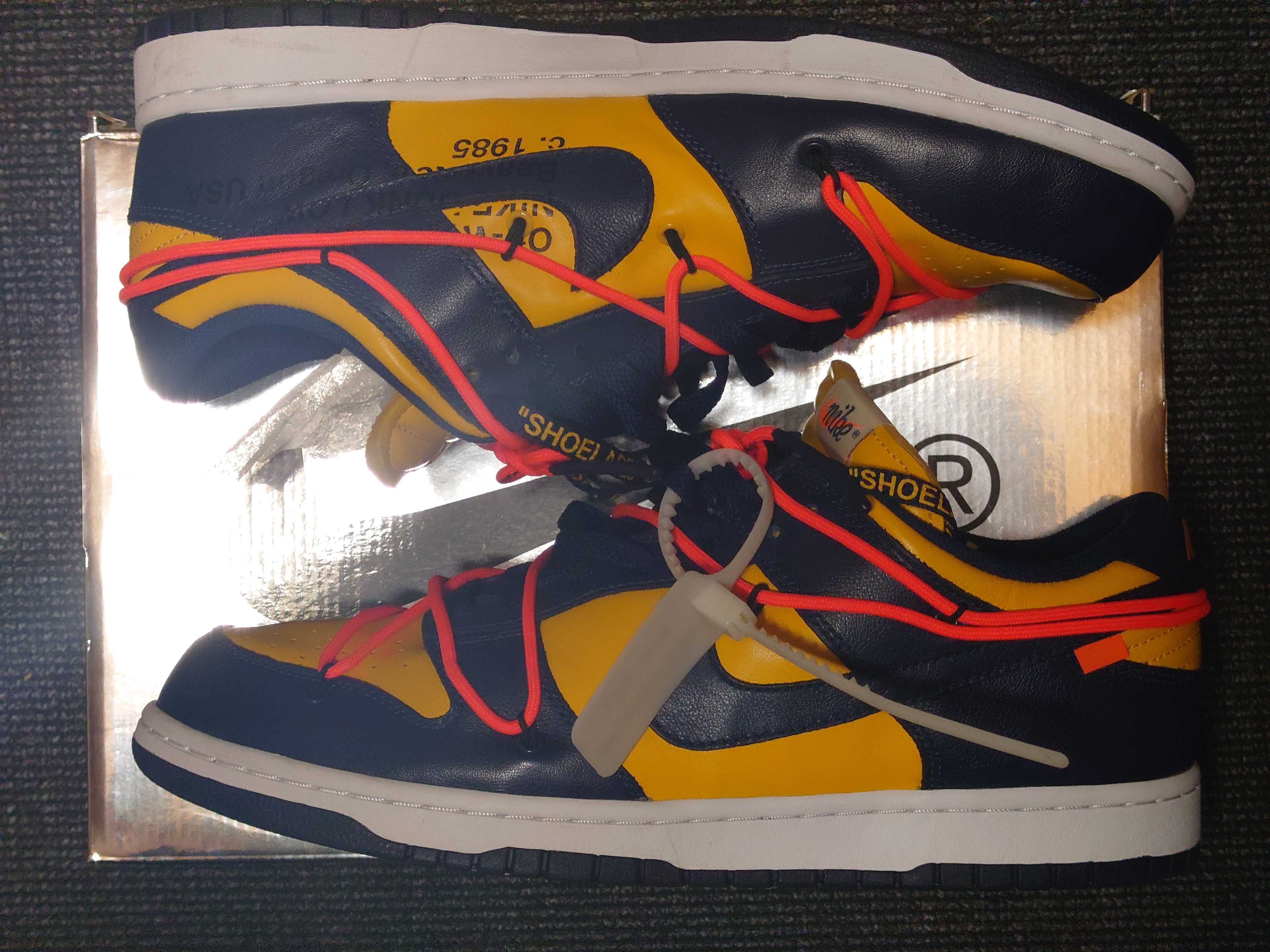 Off-White × Nike Dunk Low LTHR "University Gold/Midnight Navy/White"