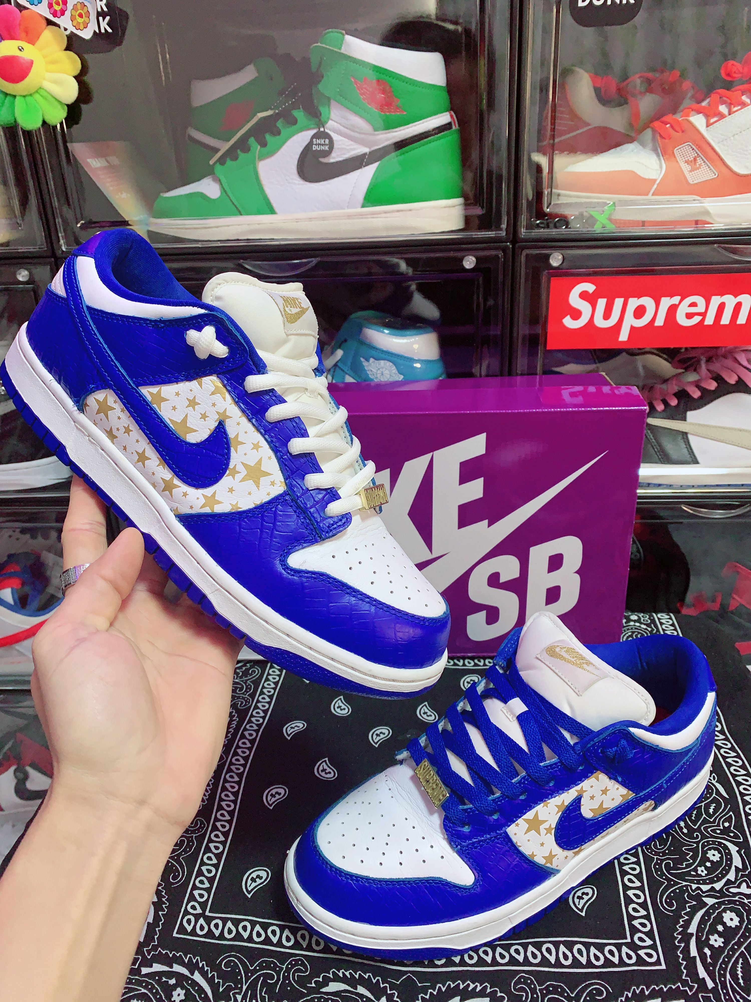 Supreme × Nike SB Dunk Low OG QS Gold Stars "White/Hyper Blue"