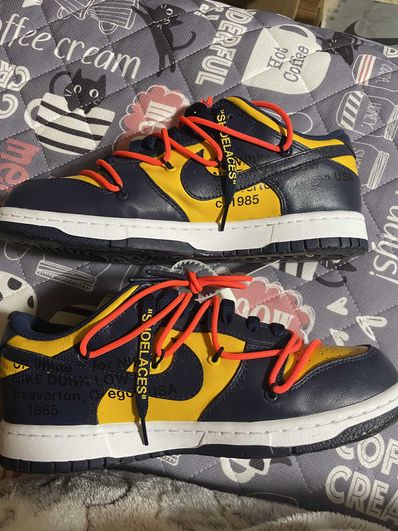 Off-White × Nike Dunk Low LTHR "University Gold/Midnight Navy/White"