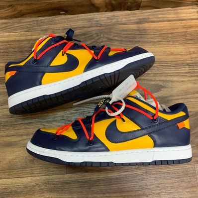 Off-White × Nike Dunk Low LTHR "University Gold/Midnight Navy/White"