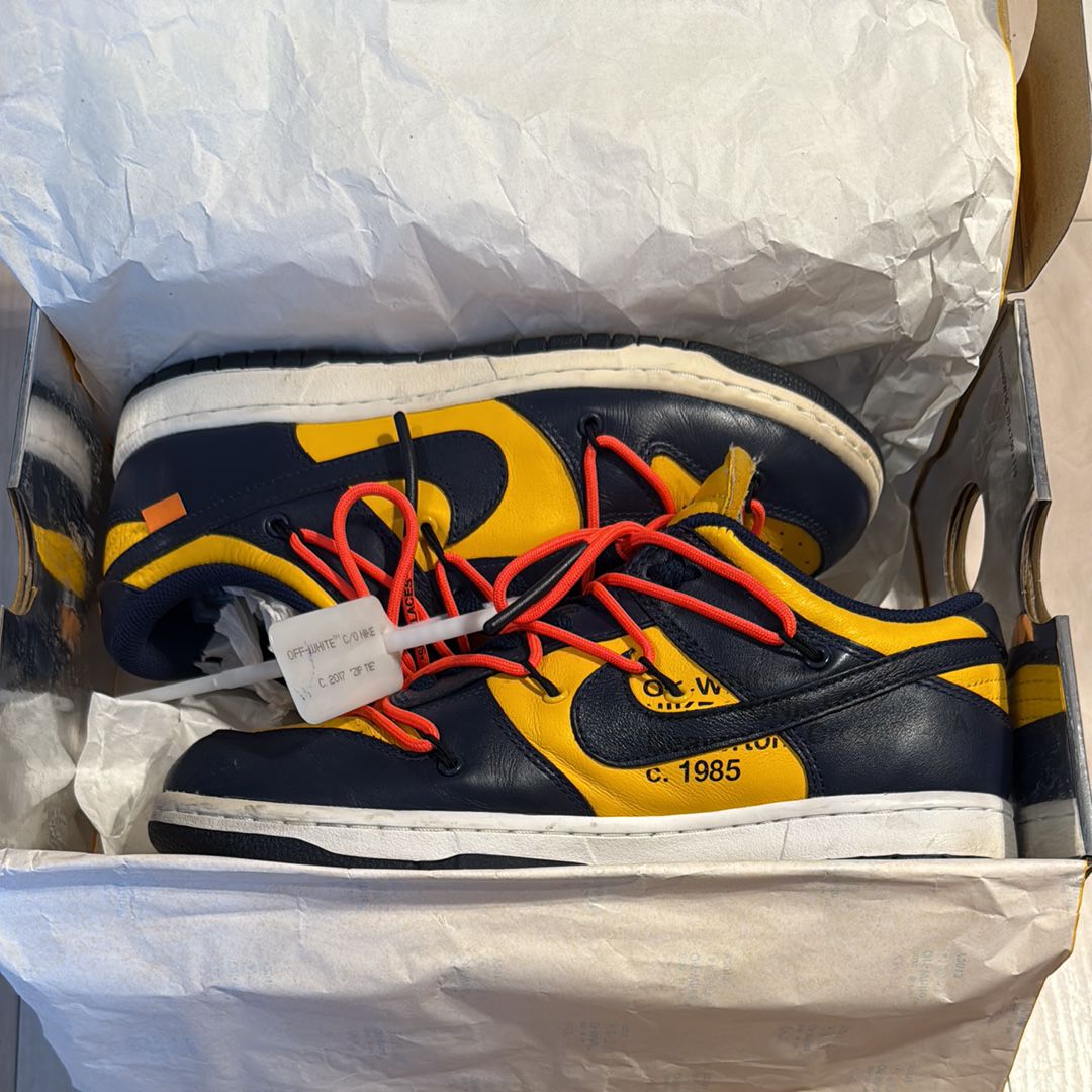 Off-White × Nike Dunk Low LTHR "University Gold/Midnight Navy/White"