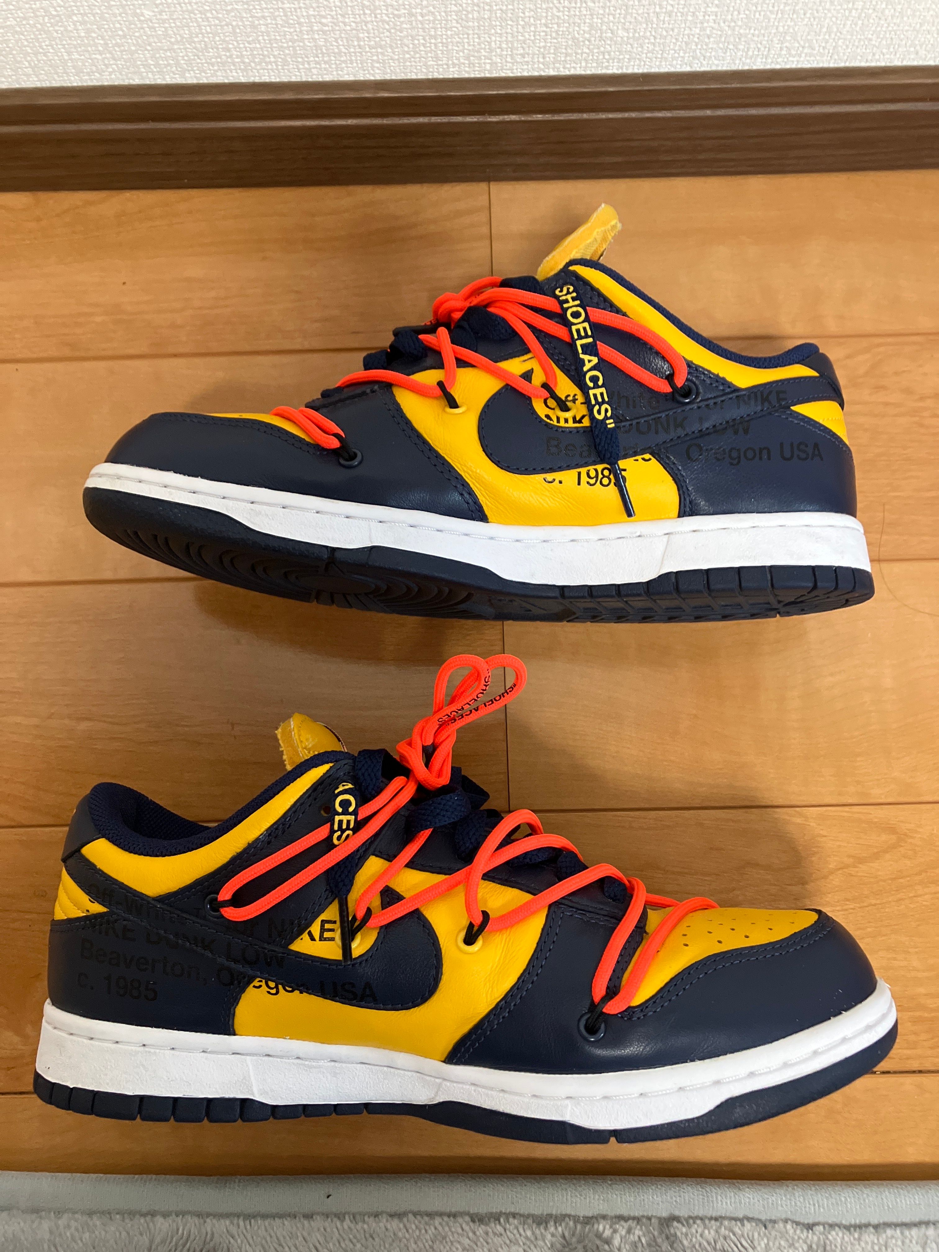 Off-White × Nike Dunk Low  LTHR "University Gold/Midnight Navy/White"