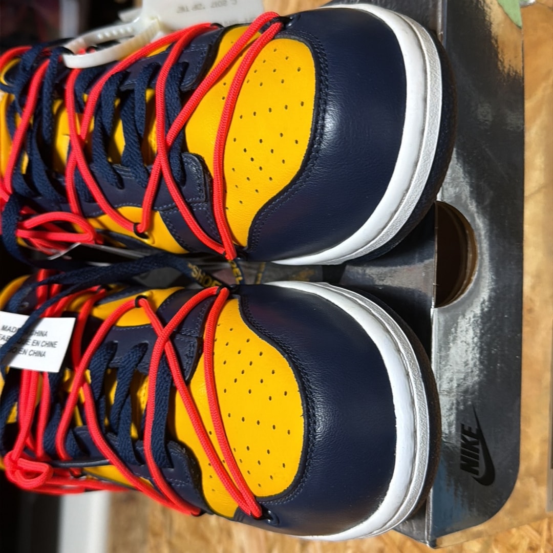 Off-White × Nike Dunk Low  LTHR "University Gold/Midnight Navy/White"