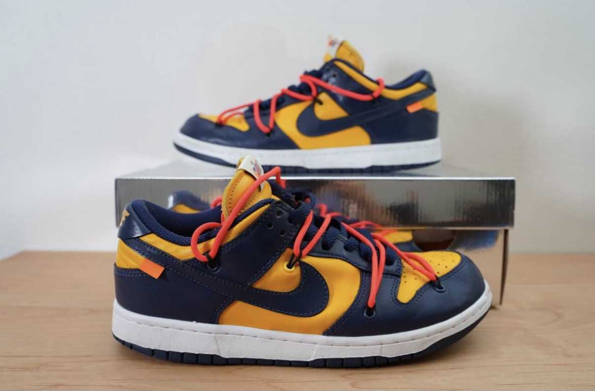 Off-White × Nike Dunk Low LTHR "University Gold/Midnight Navy/White"