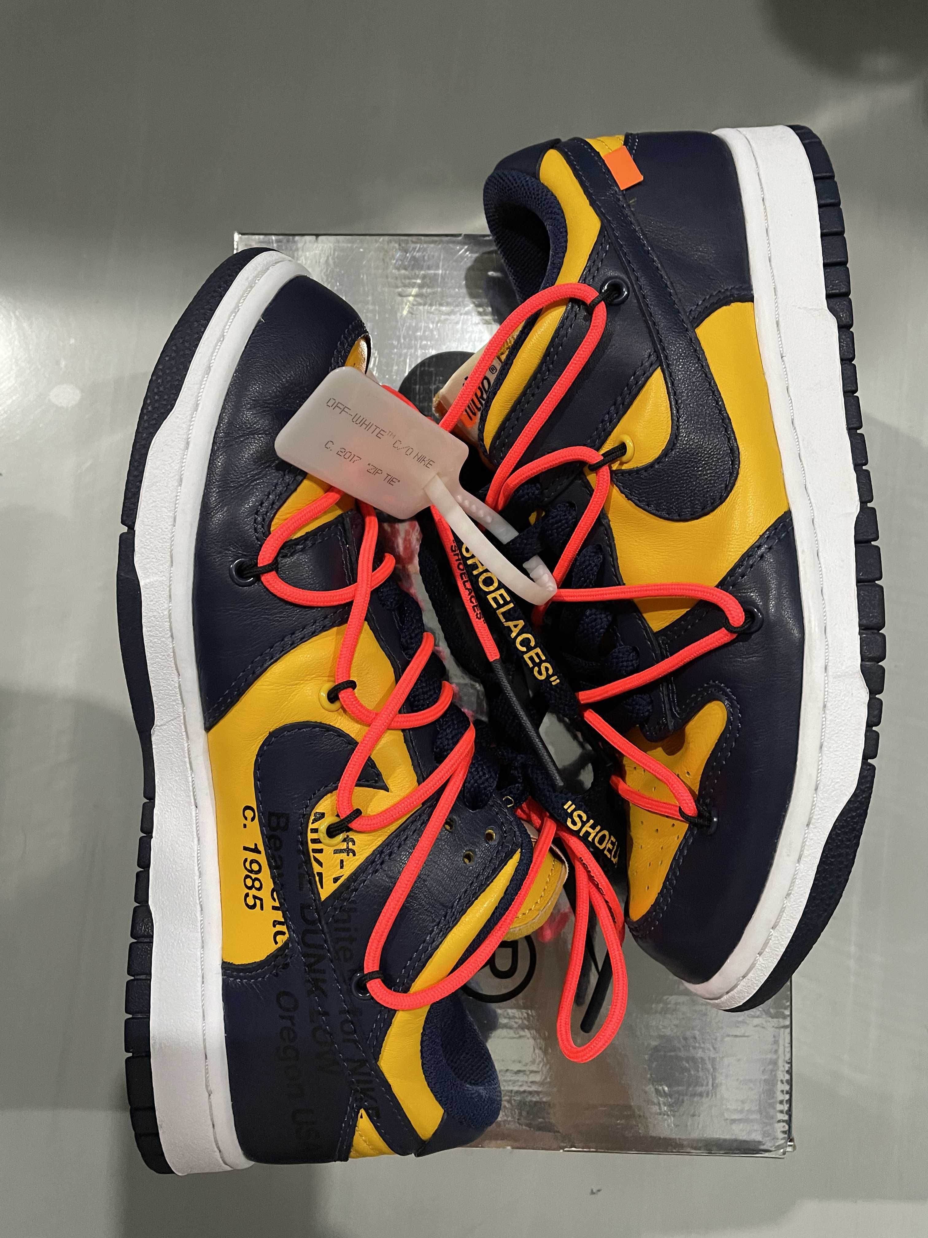 Off-White × Nike Dunk Low LTHR "University Gold/Midnight Navy/White"