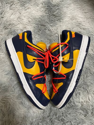 Off-White × Nike Dunk Low LTHR "University Gold/Midnight Navy/White"