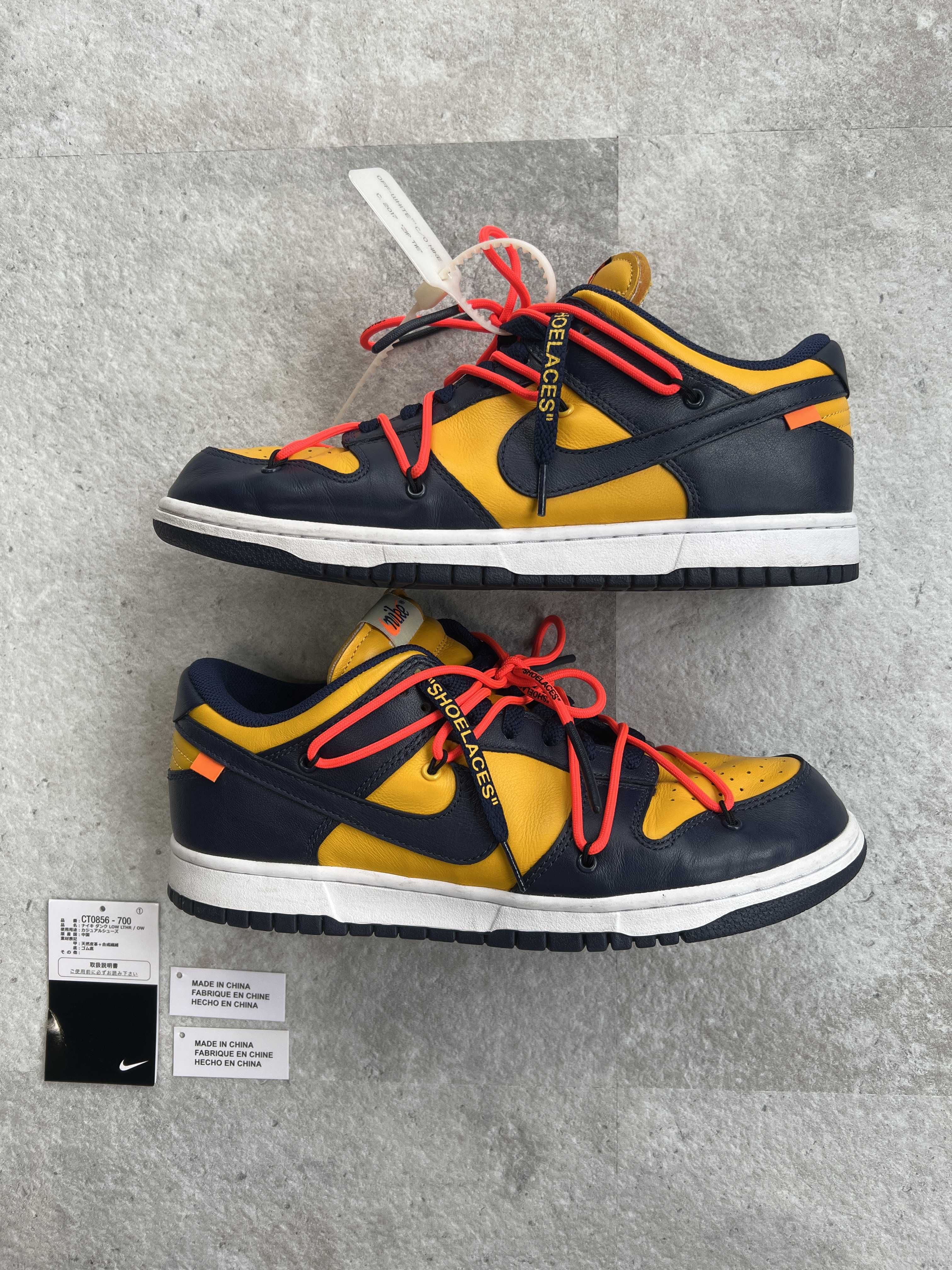 Off-White × Nike Dunk Low LTHR "University Gold/Midnight Navy/White"