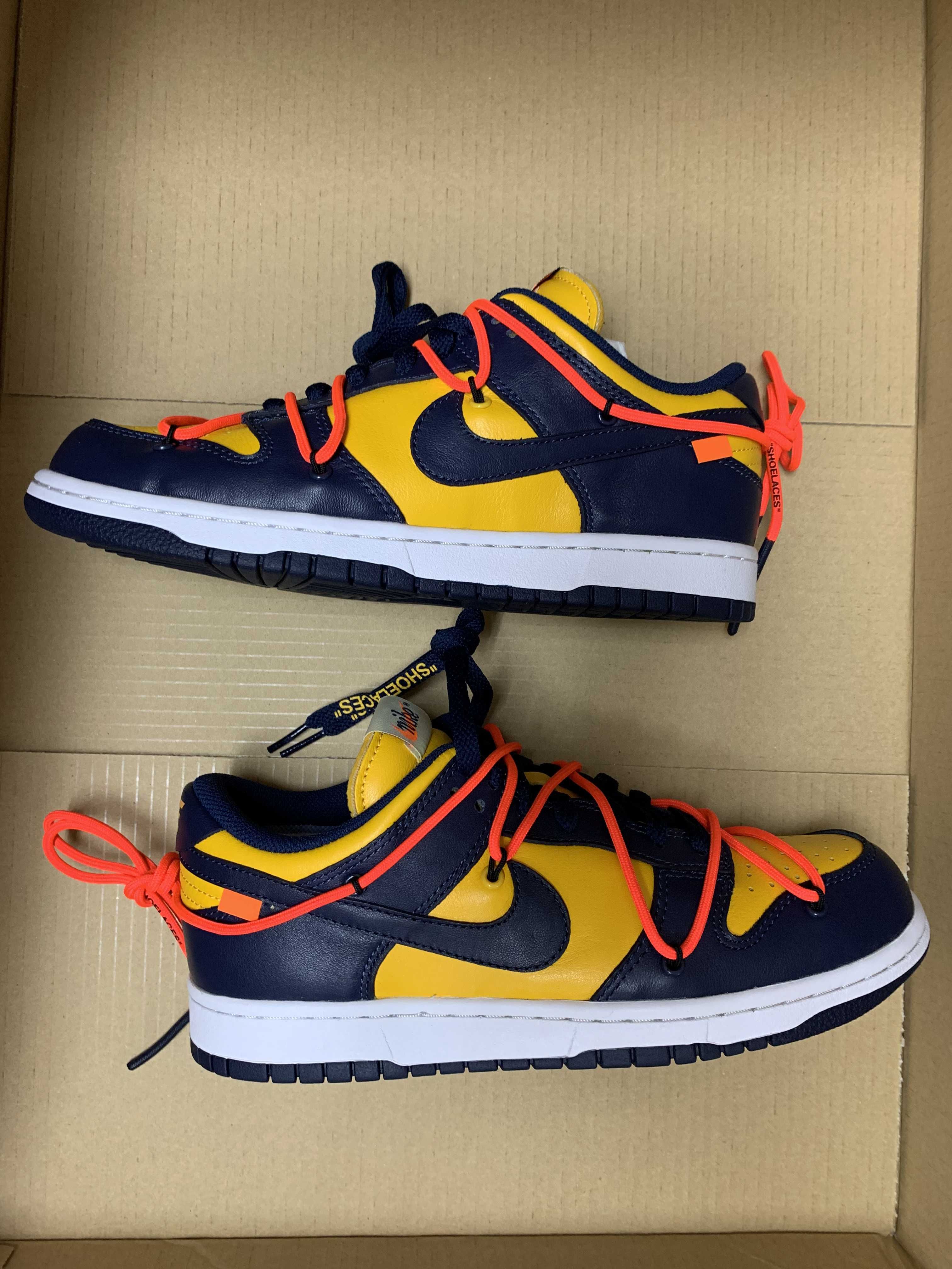 Off-White × Nike Dunk Low  LTHR "University Gold/Midnight Navy/White"
