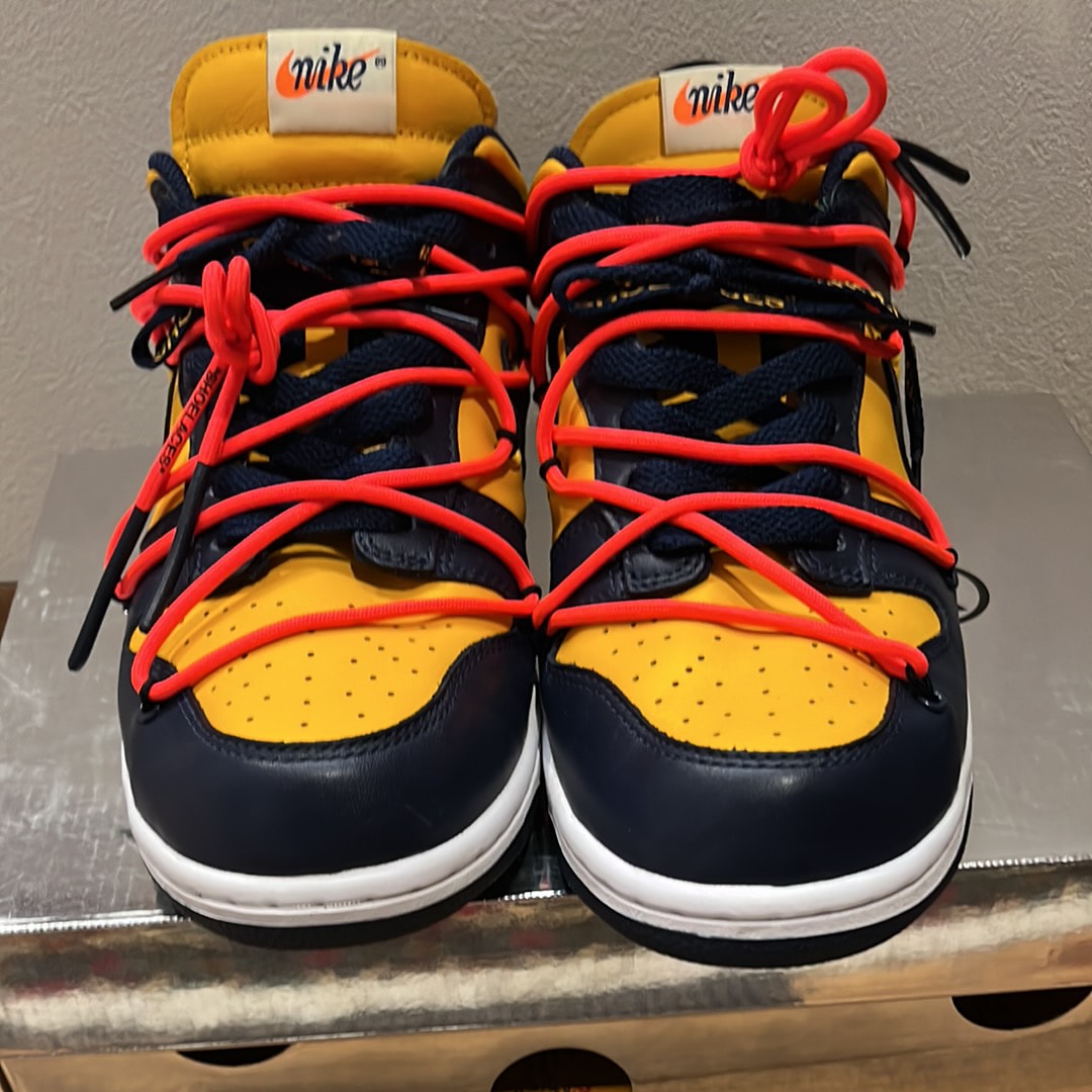 Off-White × Nike Dunk Low  LTHR "University Gold/Midnight Navy/White"